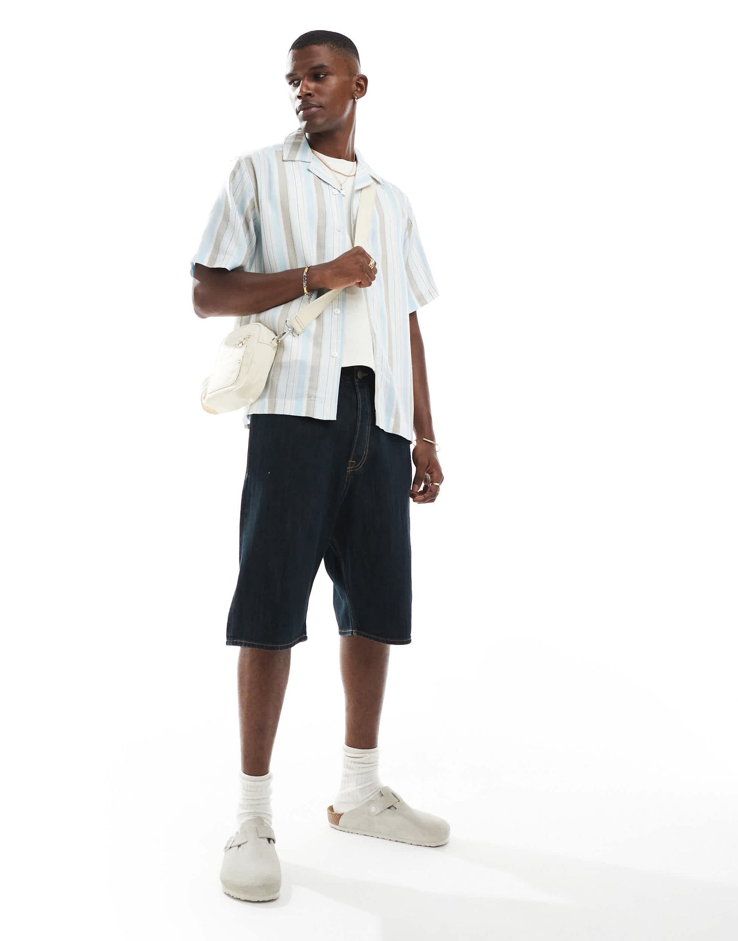 ONLY & SONS linen mix short sleeve shirt in beige & blue stripe