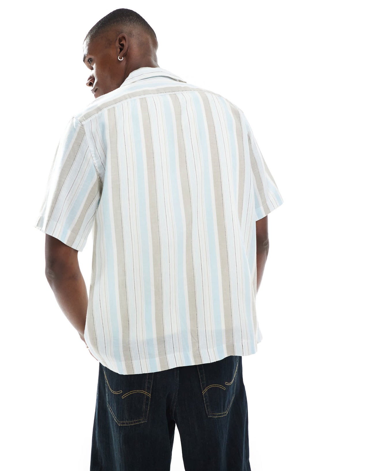 ONLY & SONS linen mix short sleeve shirt in beige & blue stripe