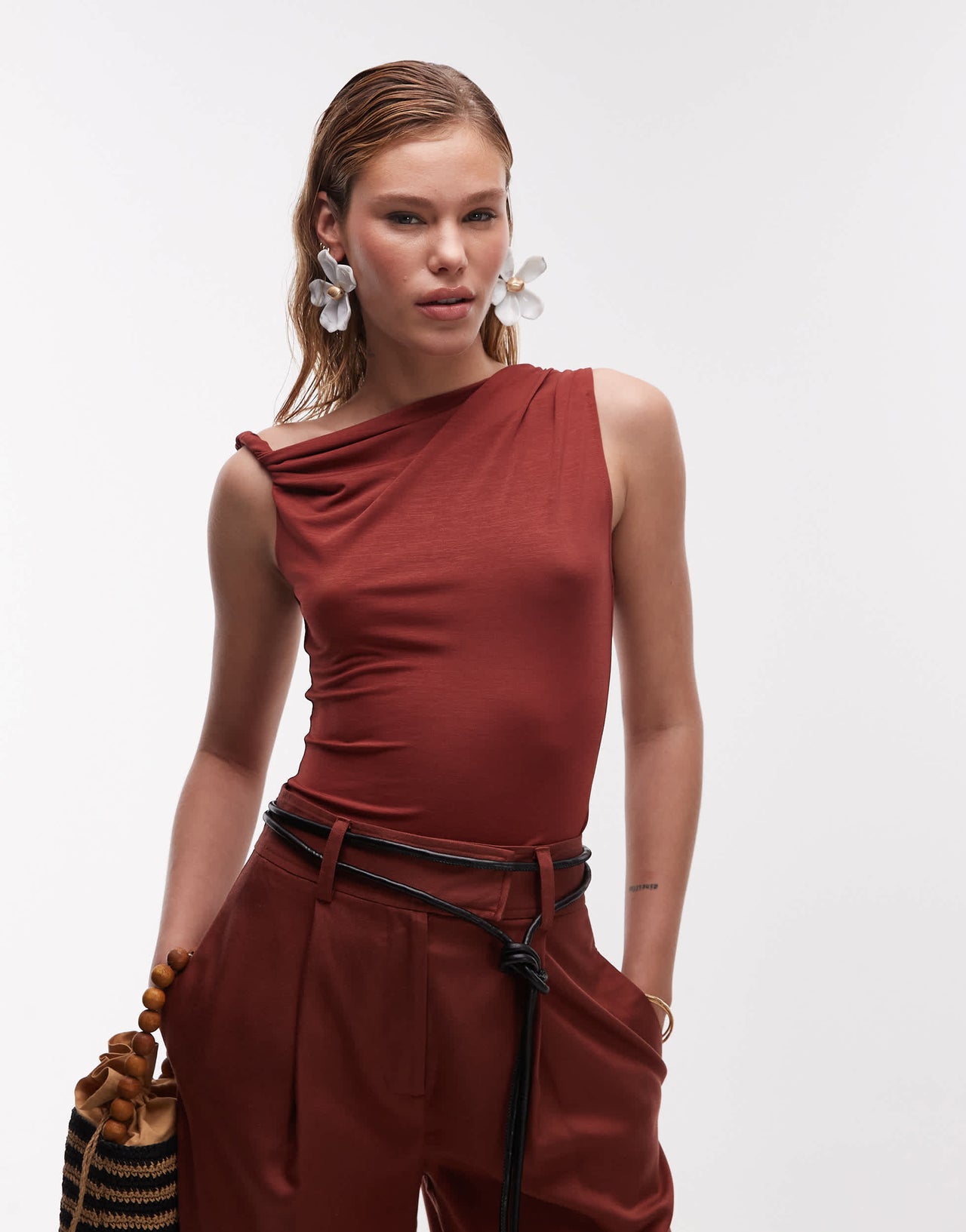 Topshop twist one shoulder top in rust red