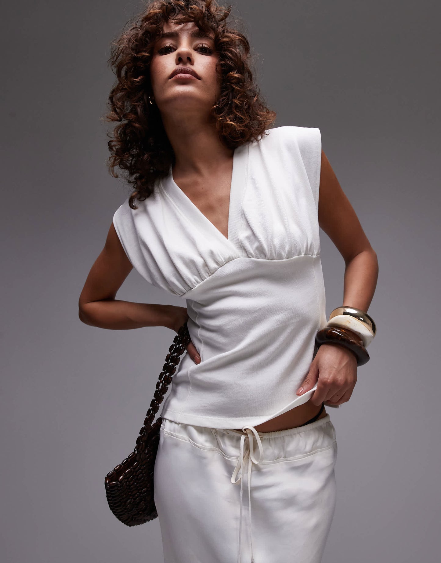 Topshop v-neck sleeveless structured top in ivory