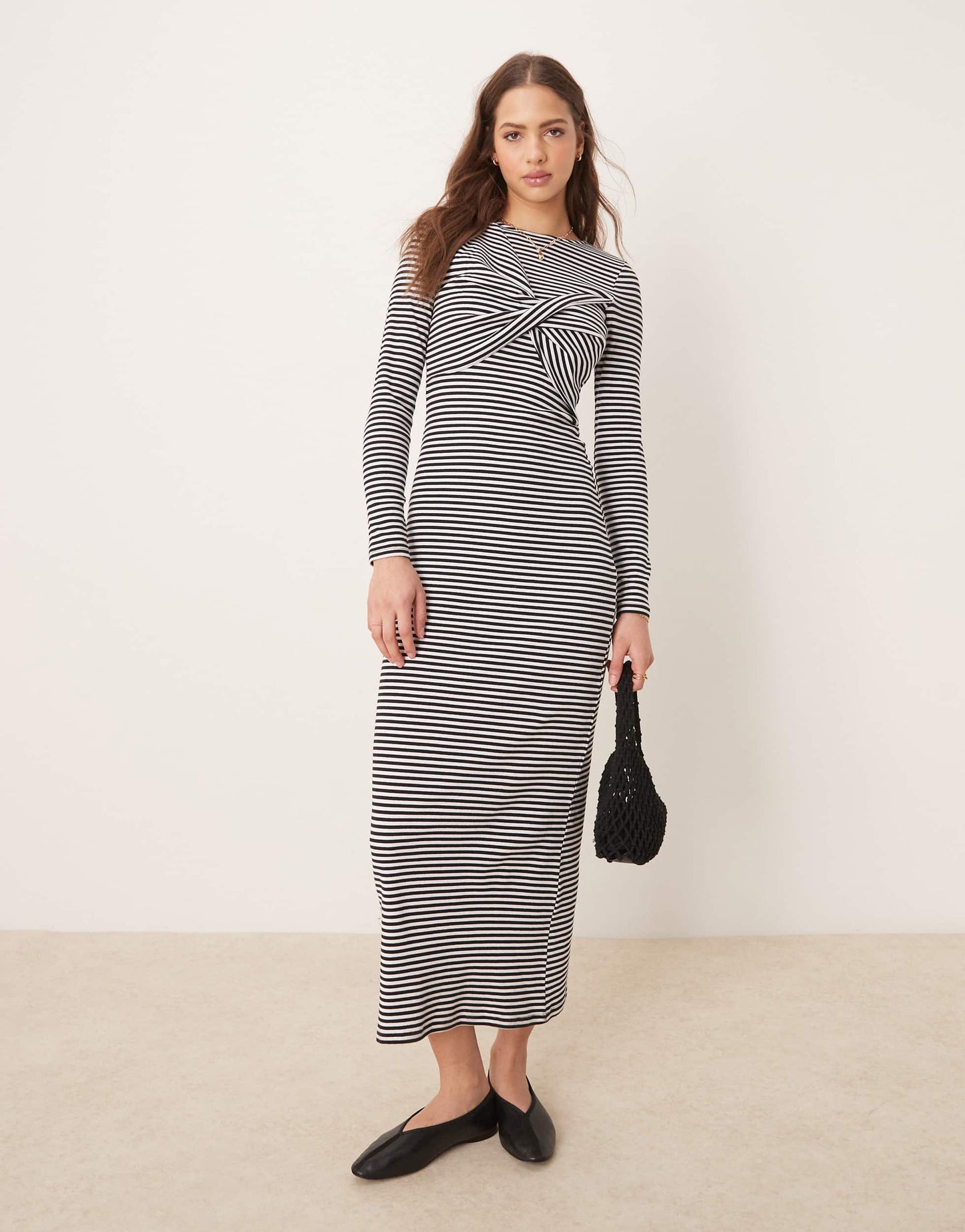 ASOS DESIGN twist bust long sleeve midi dress in blue stripe