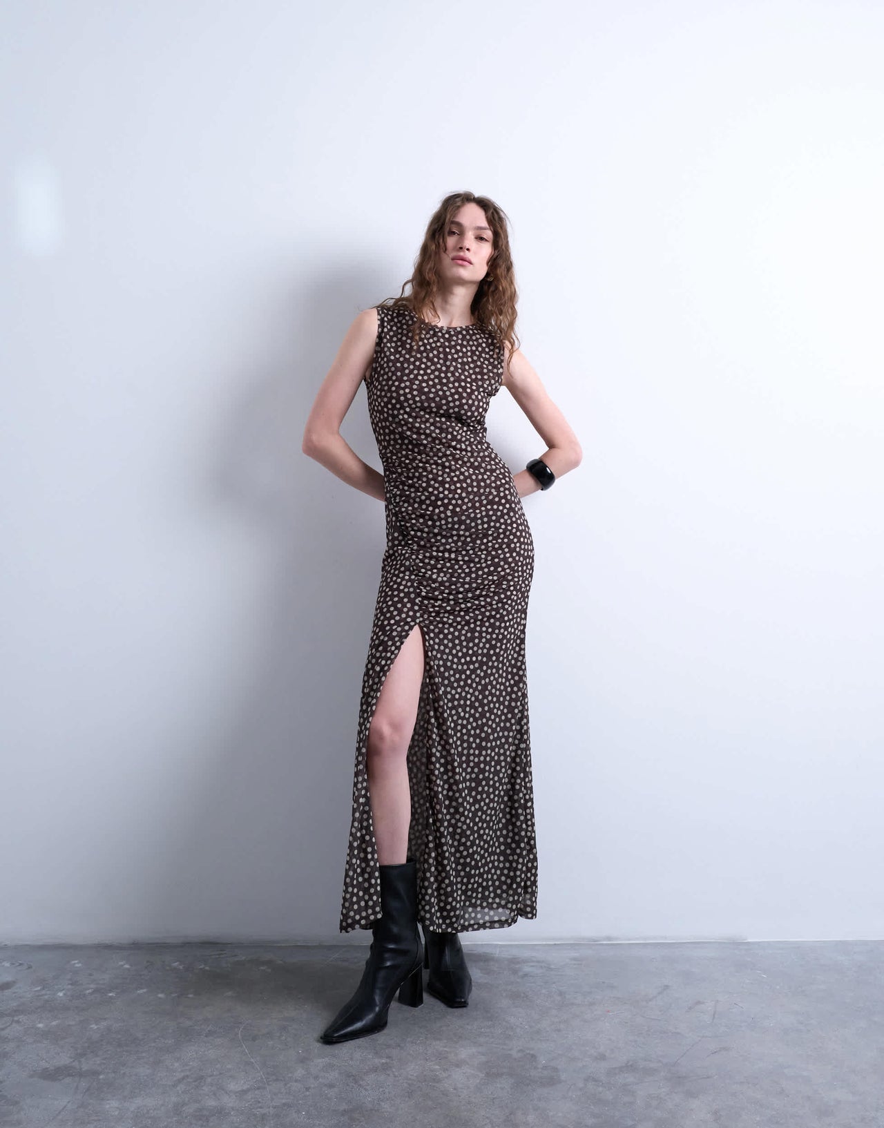 Topshop ruched polkadot maxi dress in brown