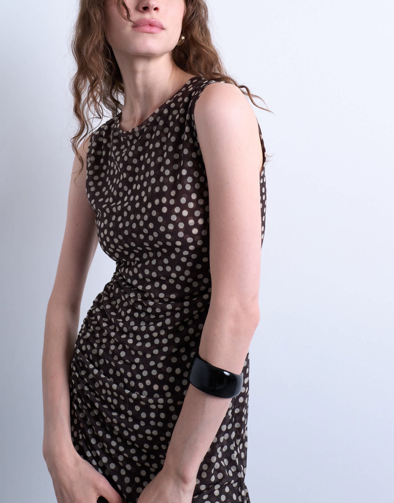 Topshop ruched polkadot maxi dress in brown