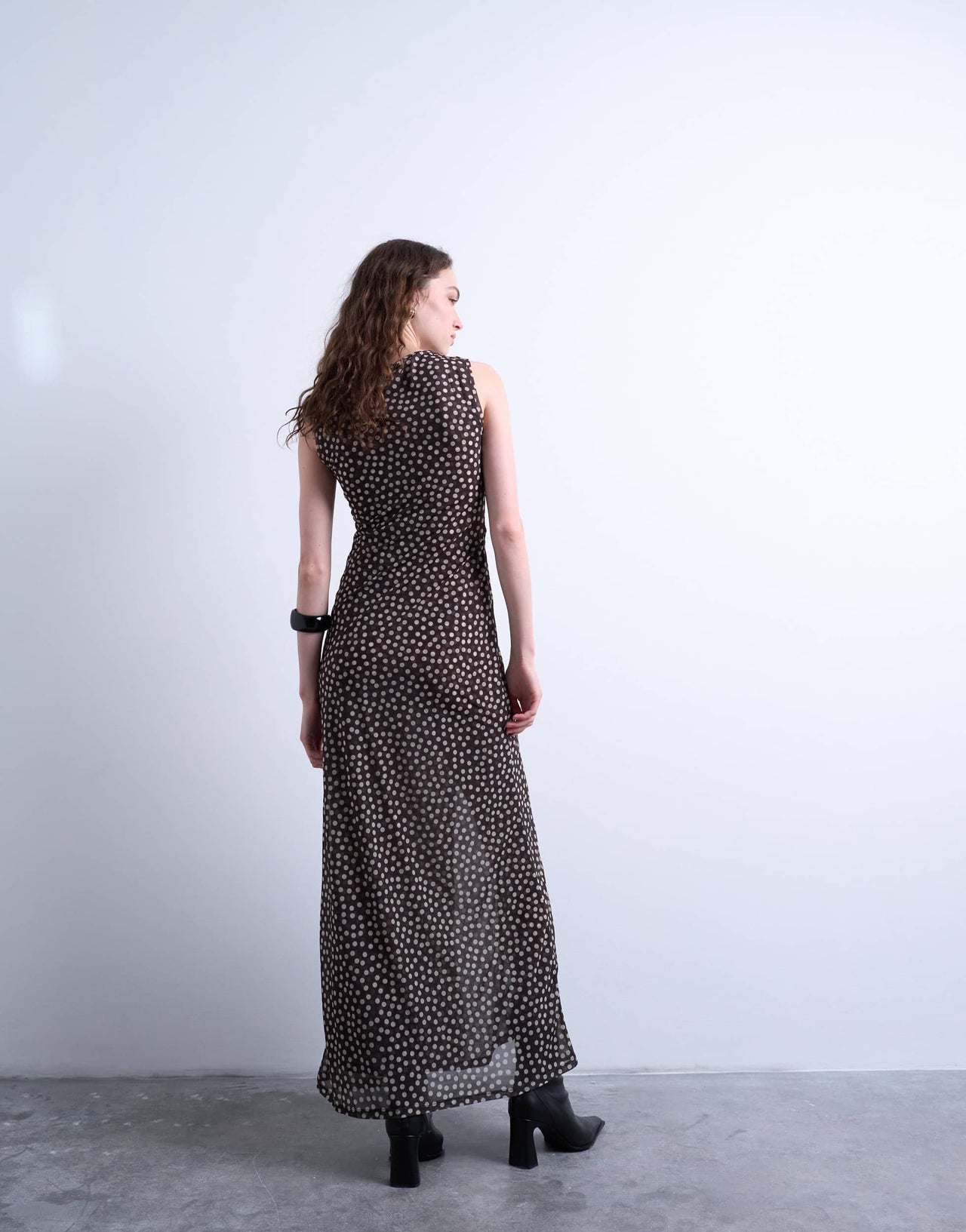Topshop ruched polkadot maxi dress in brown