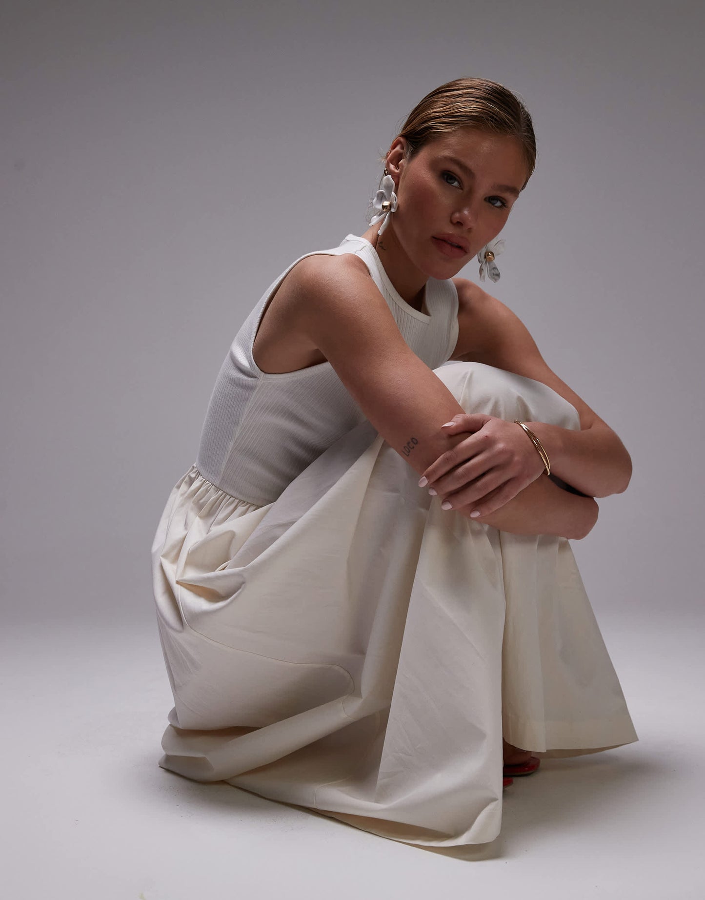 Topshop poplin mix maxi dress in off white