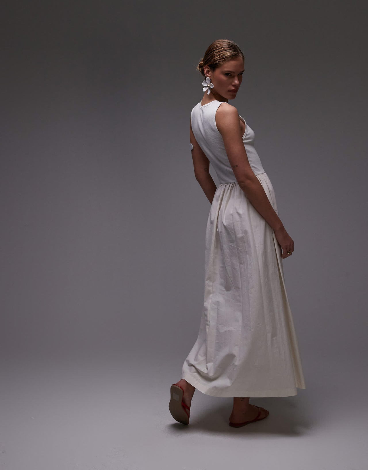 Topshop poplin mix maxi dress in off white