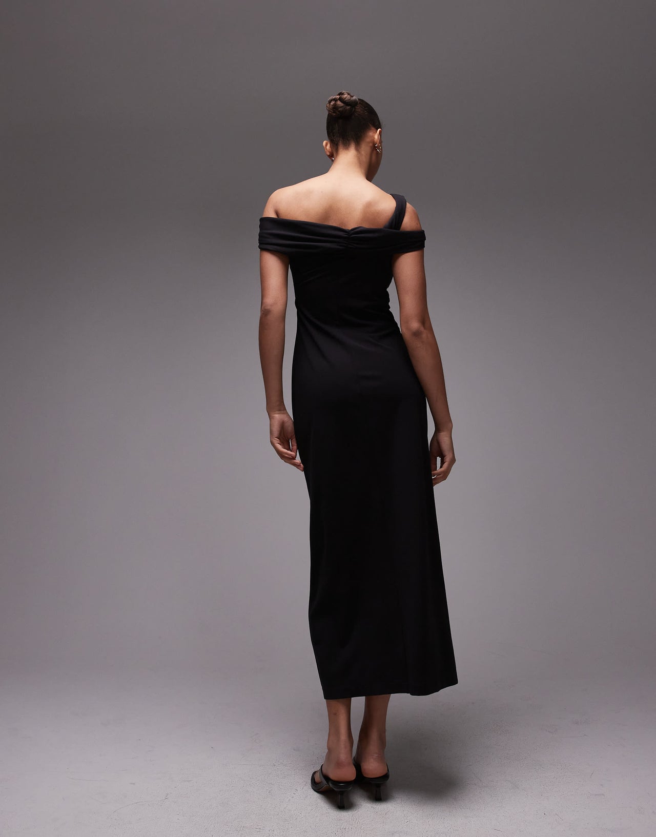 & Other Stories structured jersey midi dress with off shoulder and metal clasp in black