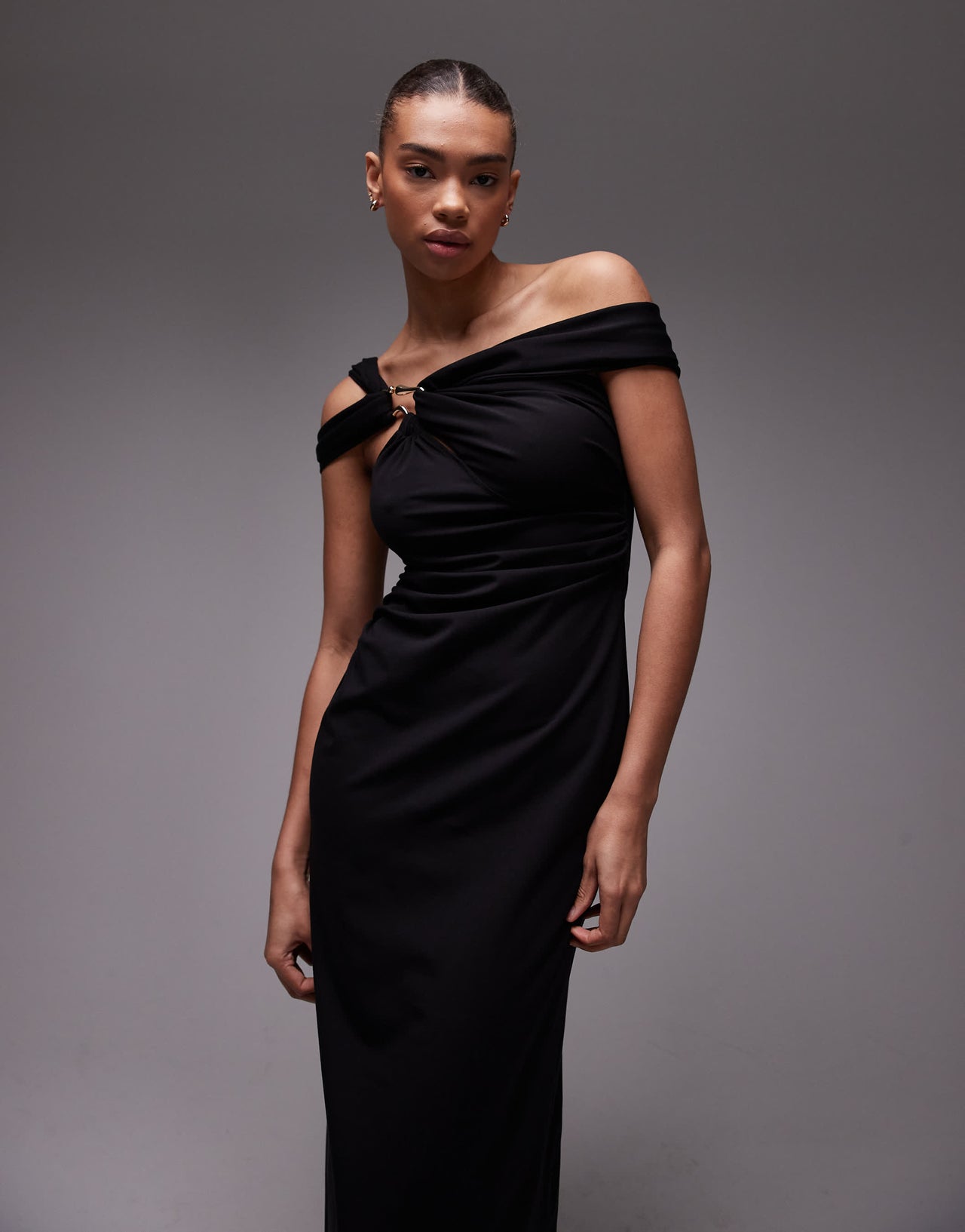 & Other Stories structured jersey midi dress with off shoulder and metal clasp in black