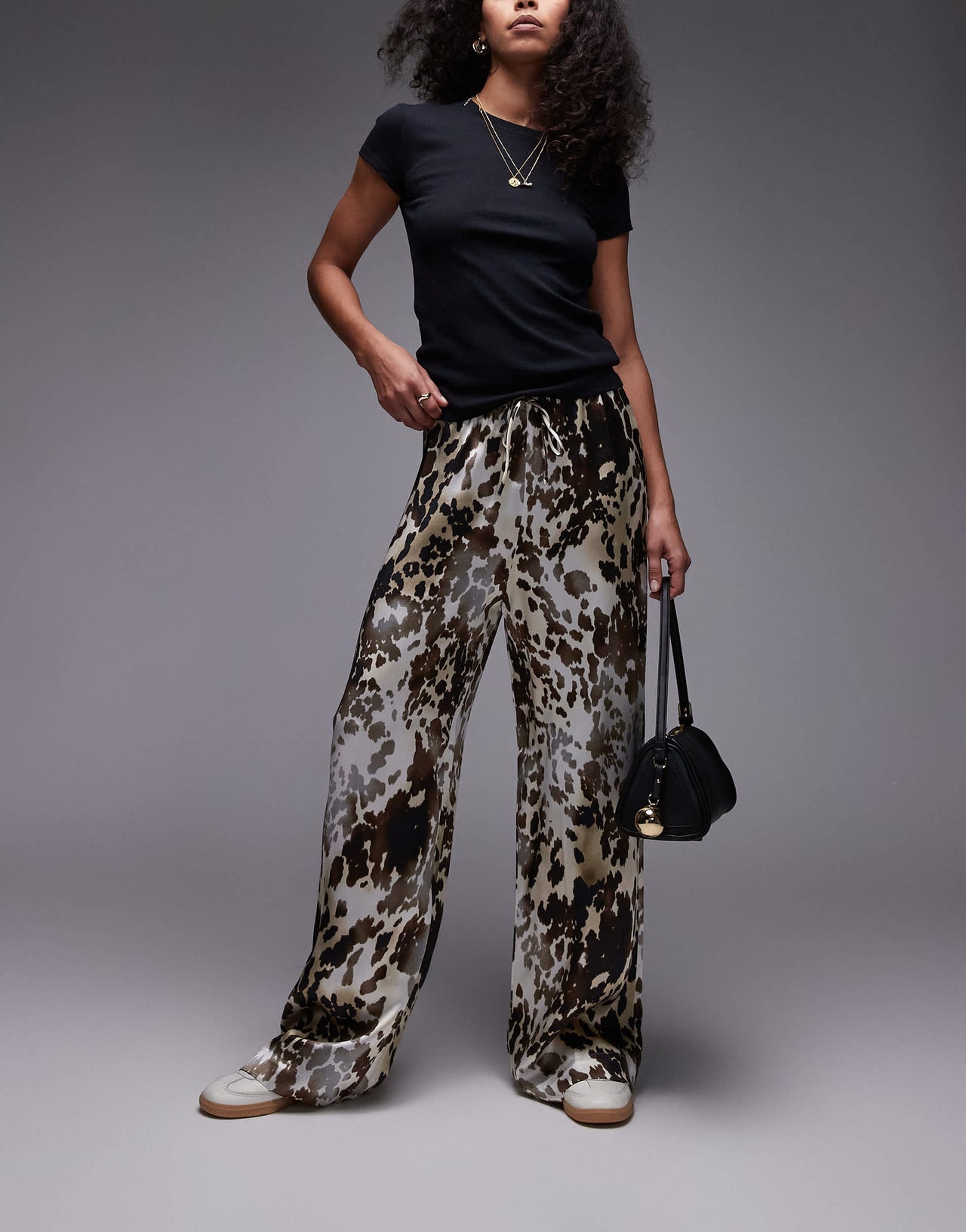 & Other Stories satin pull-on wide leg trousers in brown animal print