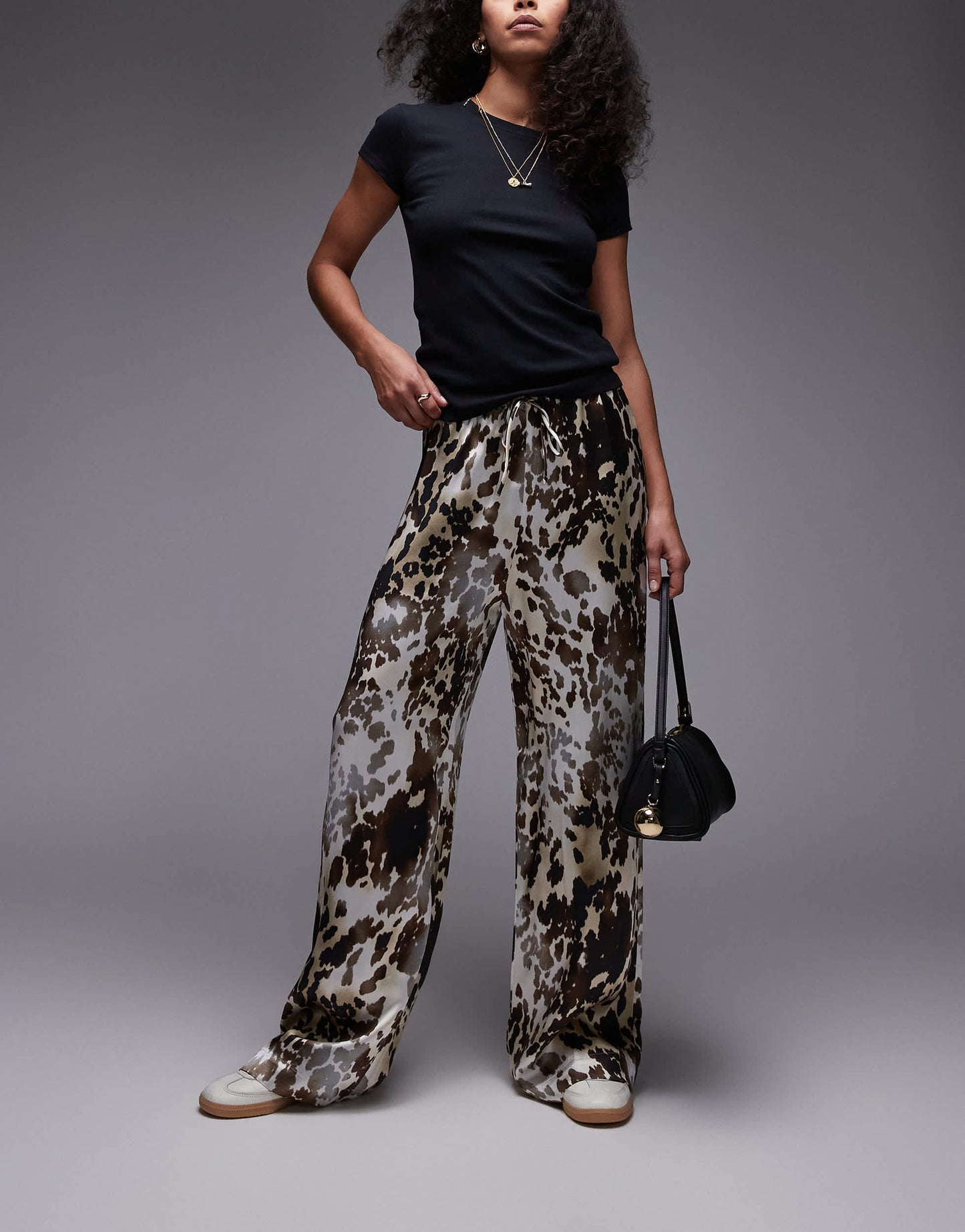 & Other Stories satin pull-on wide leg trousers in brown animal print