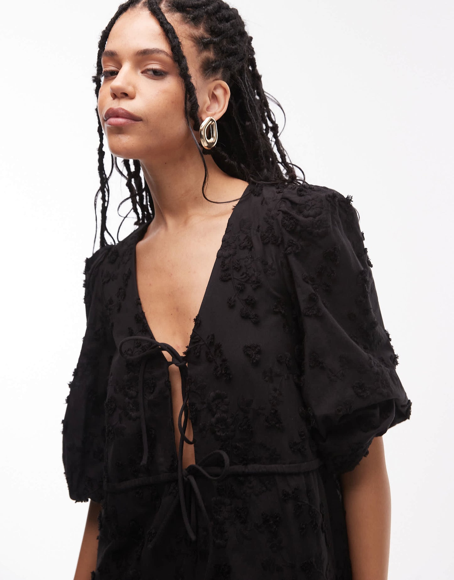 & Other Stories embroidered mini dress with front tie detail and tiered hem in black