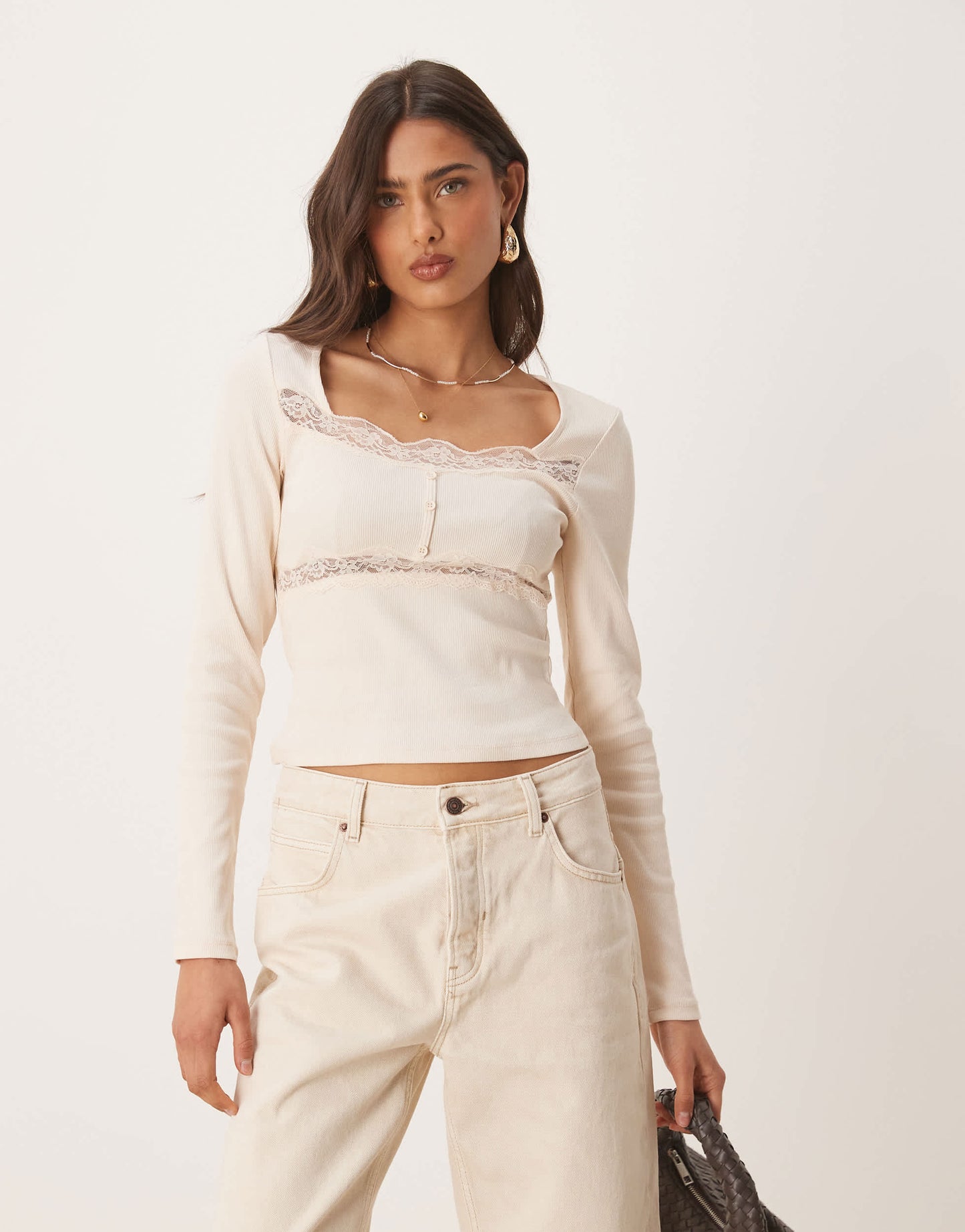 ASOS DESIGN ribbed long sleeve top with lace and button detail in cream