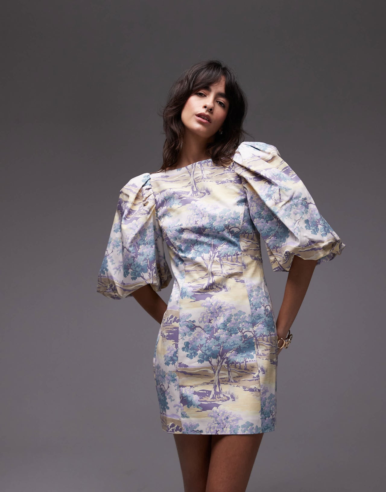 & Other Stories mini dress with puff sleeves and low back in vintage landscape print