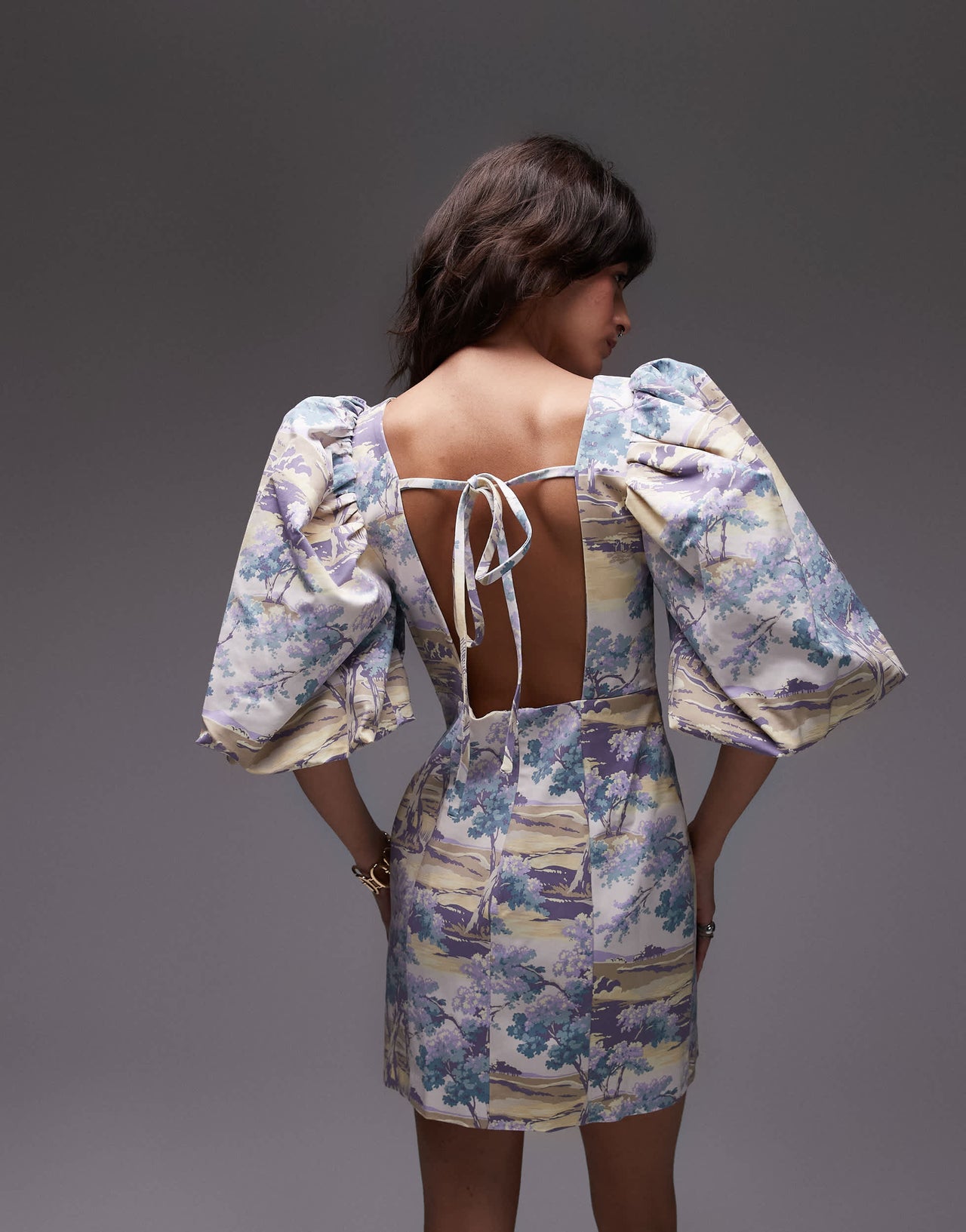 & Other Stories mini dress with puff sleeves and low back in vintage landscape print