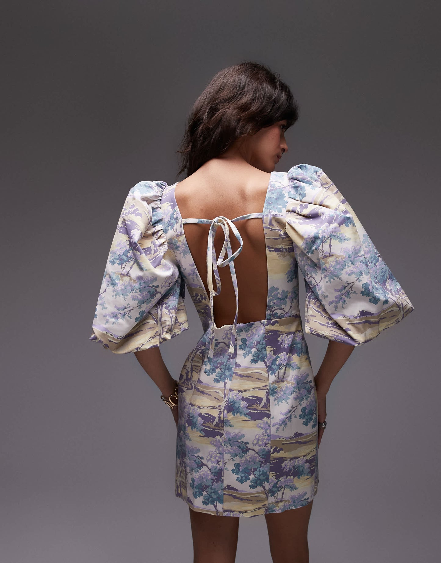 & Other Stories mini dress with puff sleeves and low back in vintage landscape print