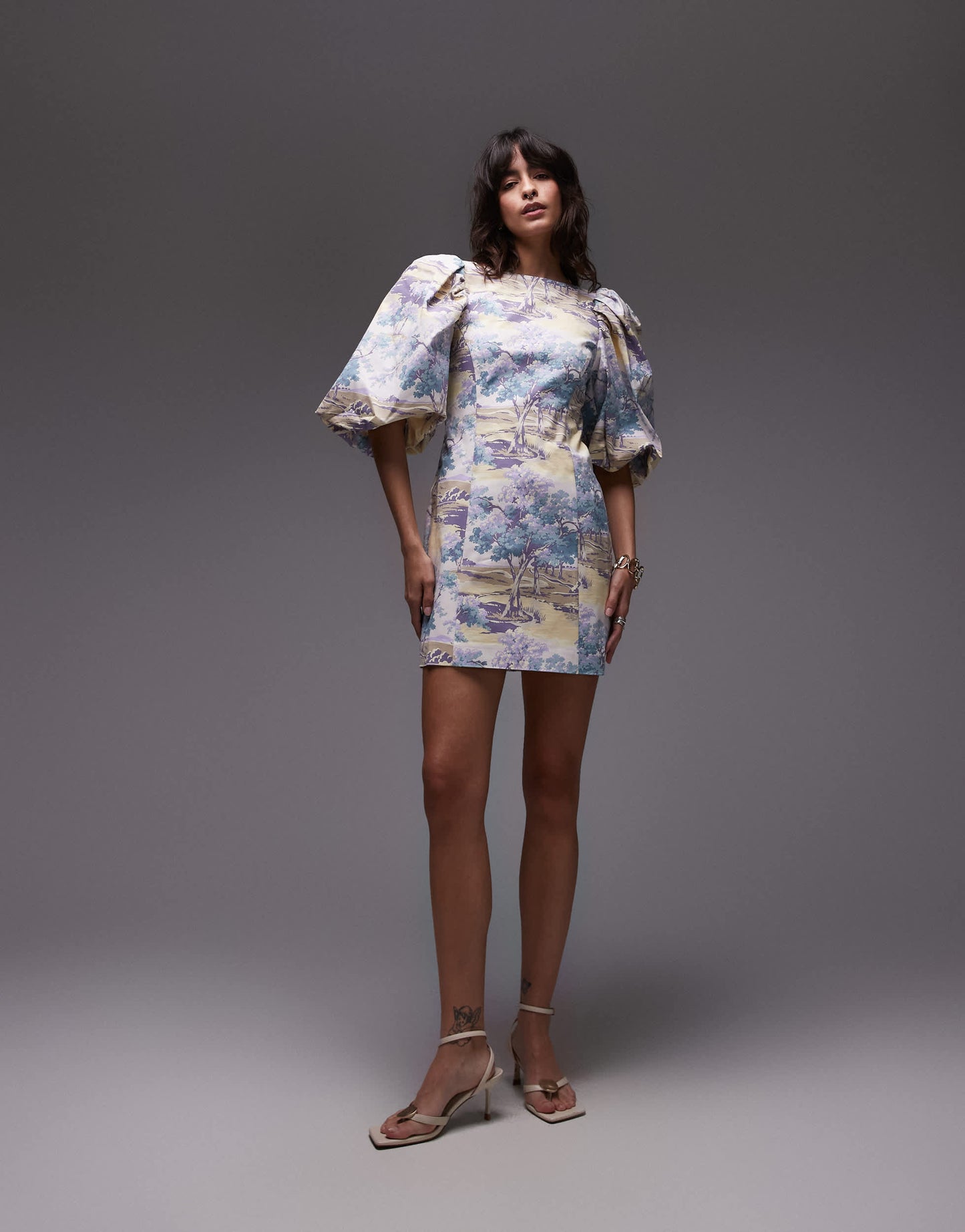 & Other Stories mini dress with puff sleeves and low back in vintage landscape print