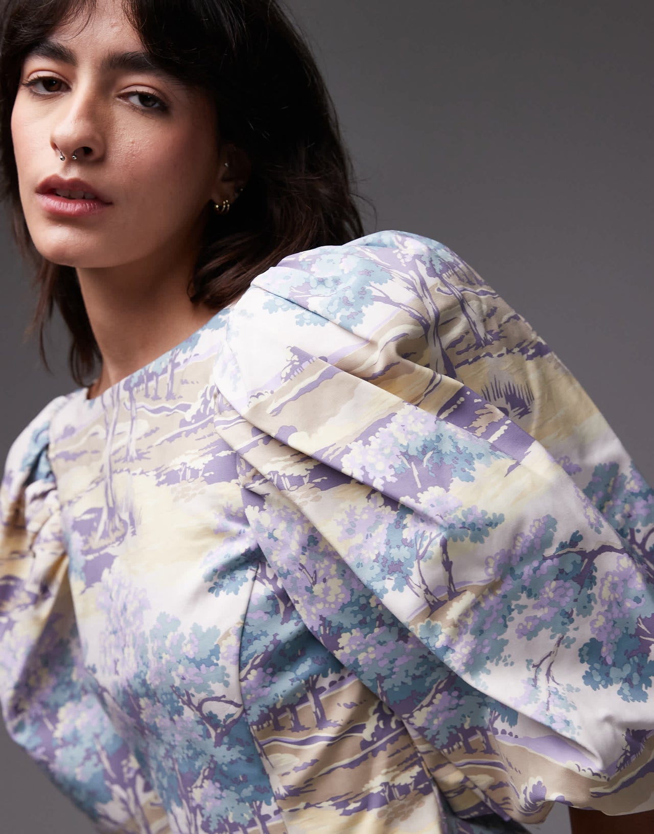 & Other Stories mini dress with puff sleeves and low back in vintage landscape print