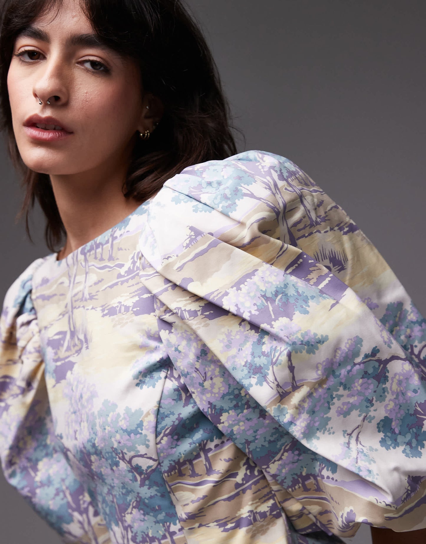 & Other Stories mini dress with puff sleeves and low back in vintage landscape print
