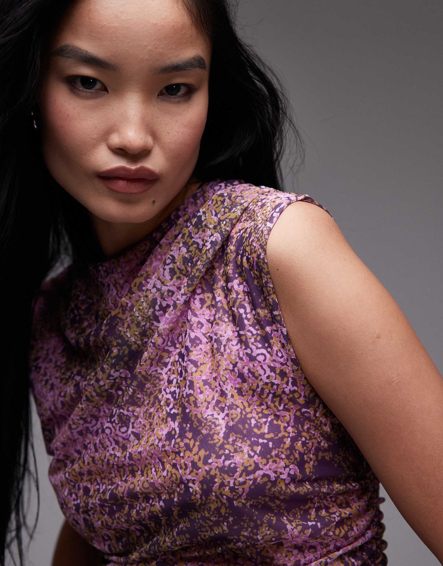 & Other Stories mesh top with drape detail&nbsp;in pink print