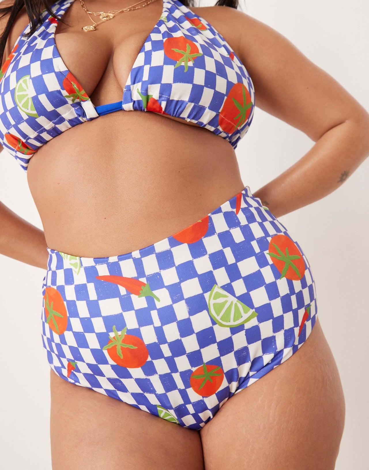 ASOS DESIGN Curve Lucy chilli print with blue check high waist bikini bottom