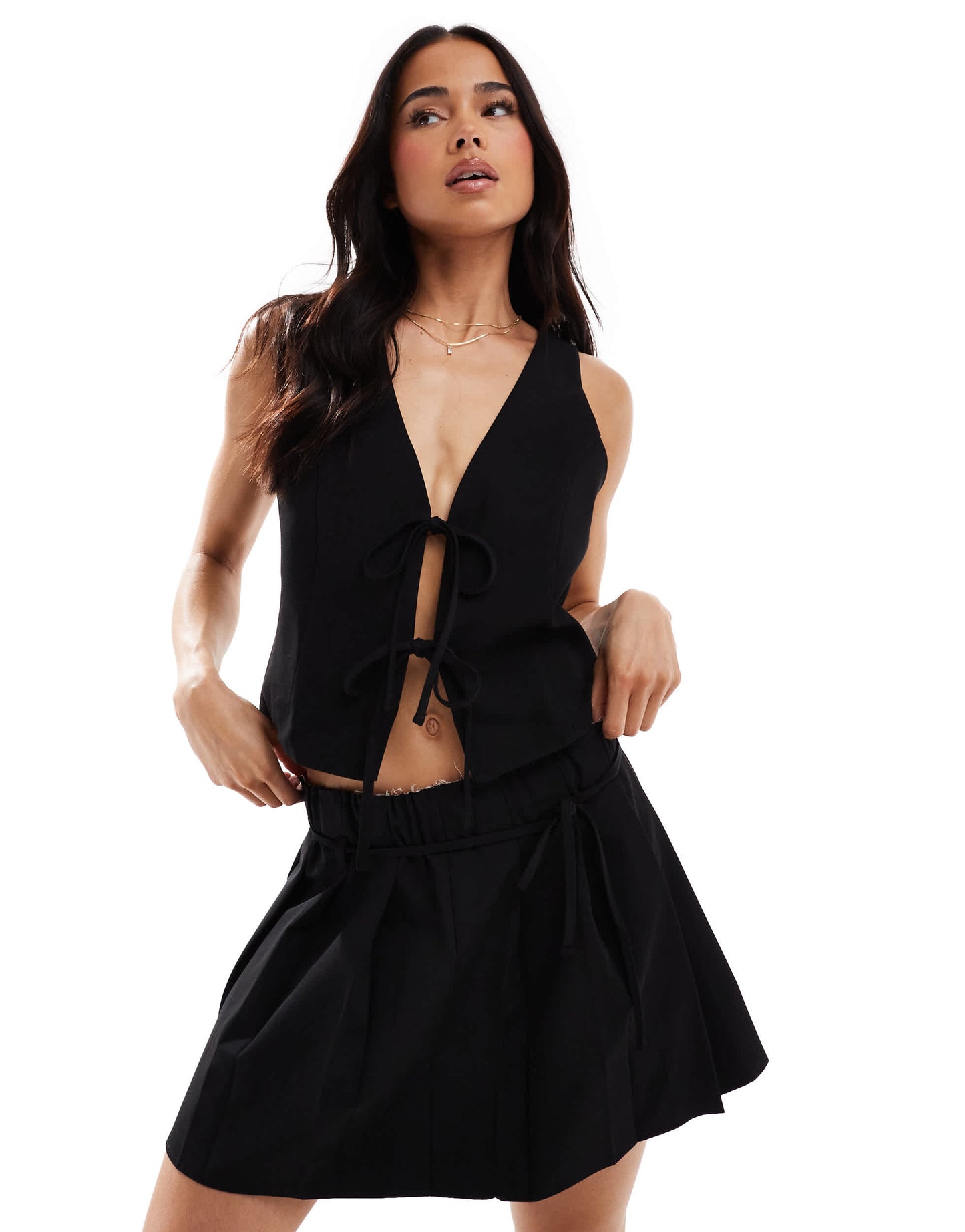 Pull&Bear pleat mini skirt with tie detail co-ord in black