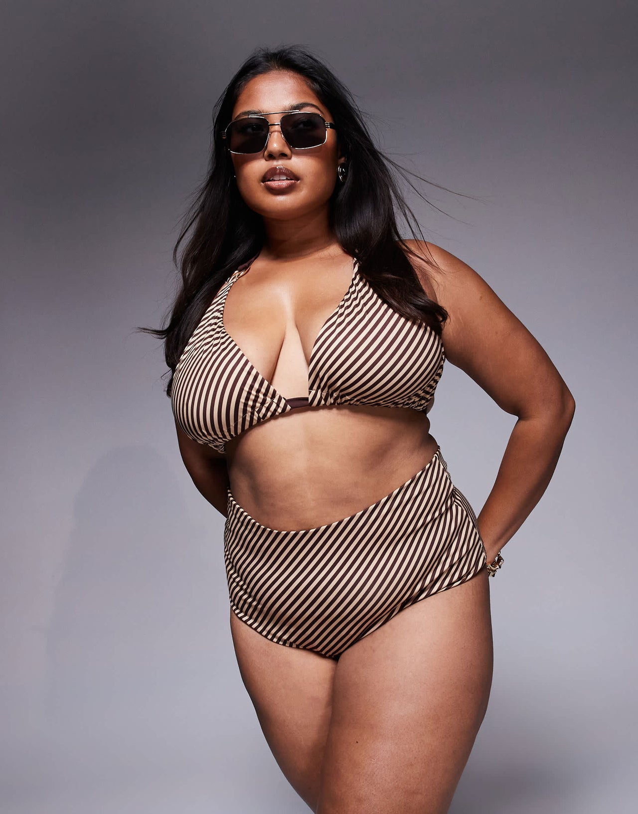 ASOS DESIGN Curve Vivienne chocolate stripe high waist bikini bottom