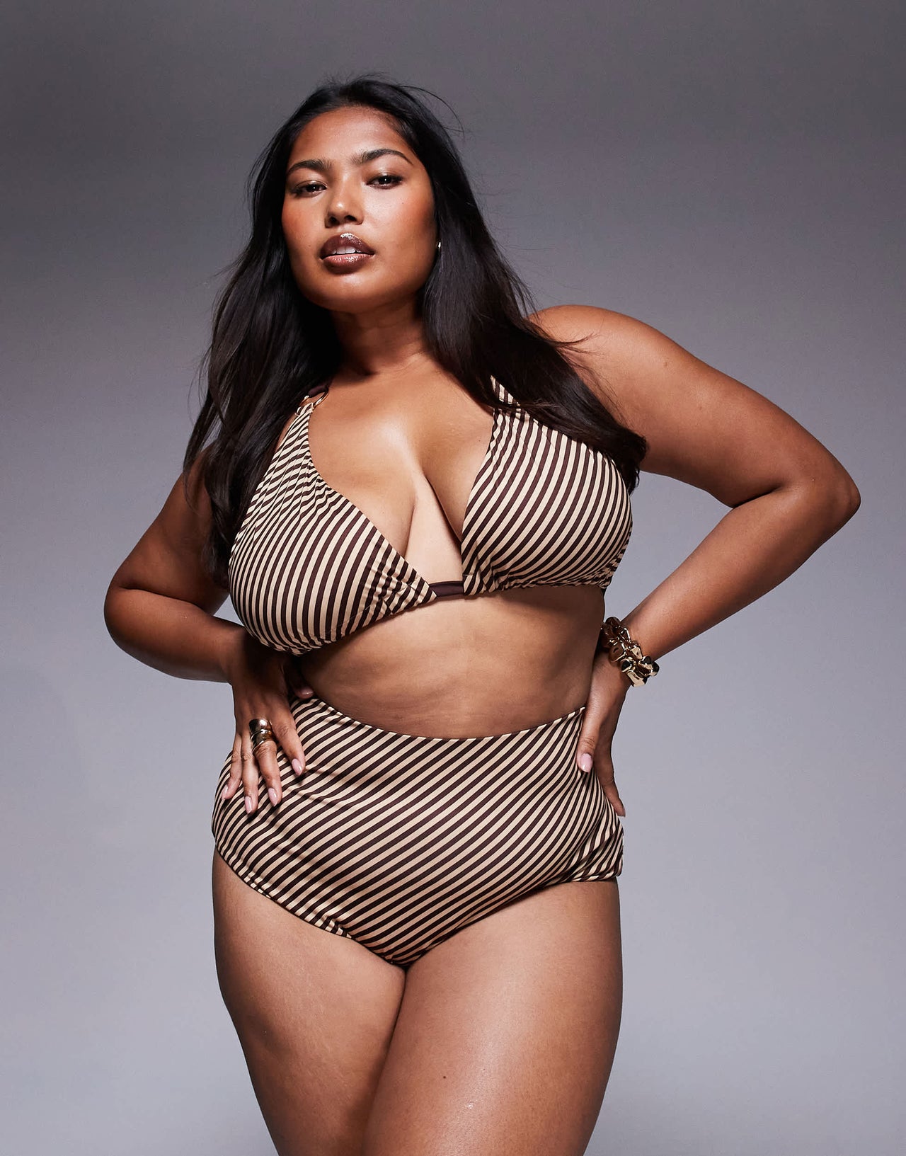 ASOS DESIGN Curve Vivienne chocolate stripe high waist bikini bottom
