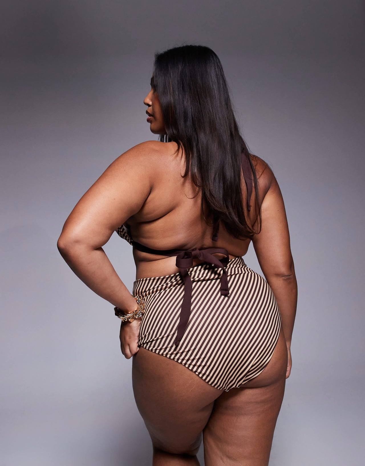 ASOS DESIGN Curve Vivienne chocolate stripe high waist bikini bottom