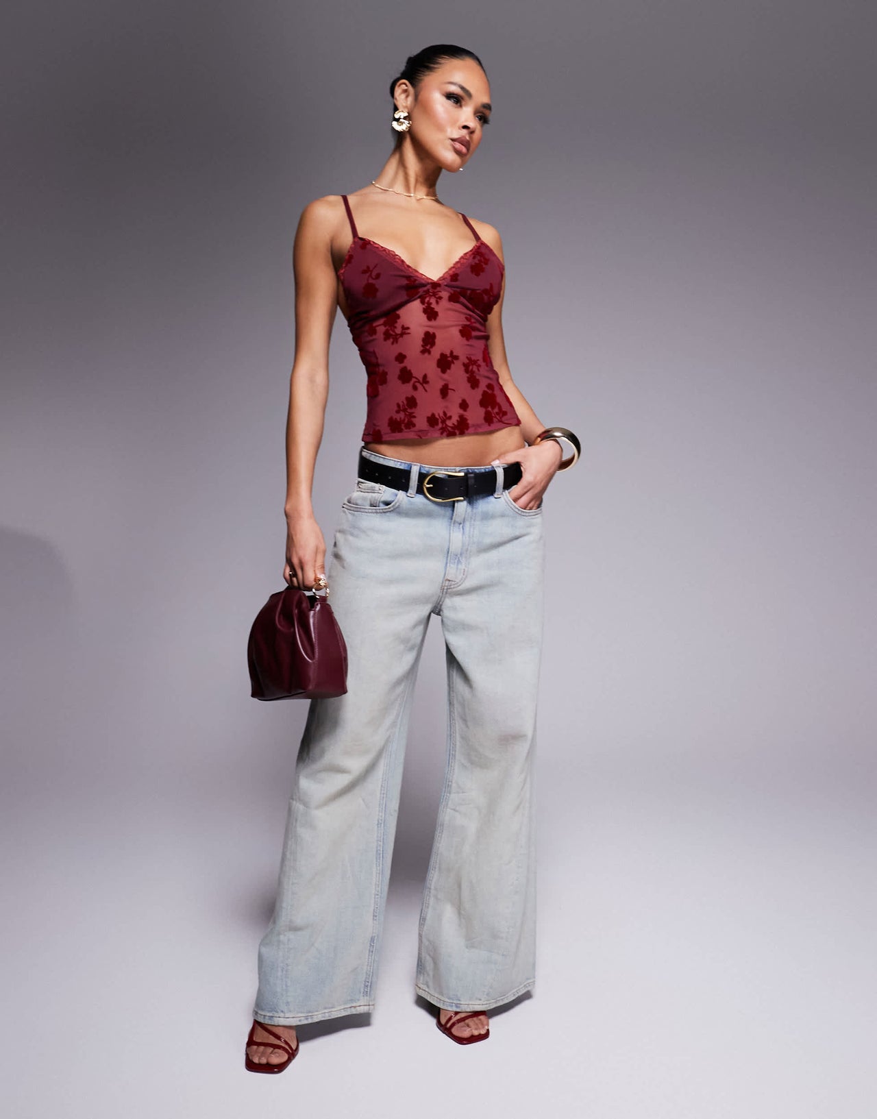 ASOS DESIGN devore burn out floral cami in cherry red