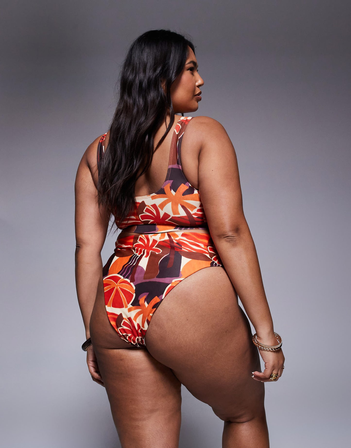 ASOS DESIGN Curve Ava high waist high leg bikini bottom in tropical print