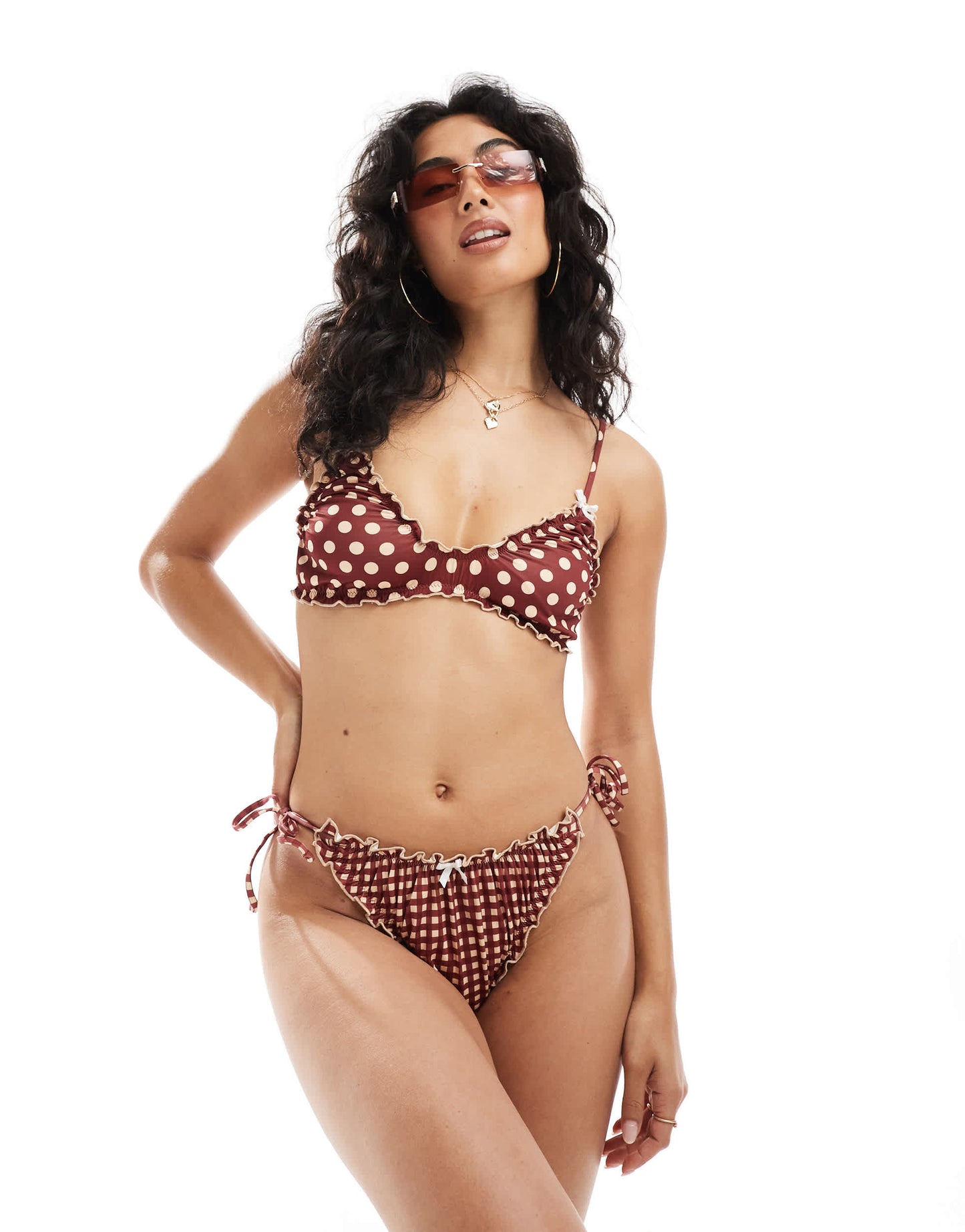ASOS DESIGN Ginny tie side bikini bottom with lettuce edge in gingham print