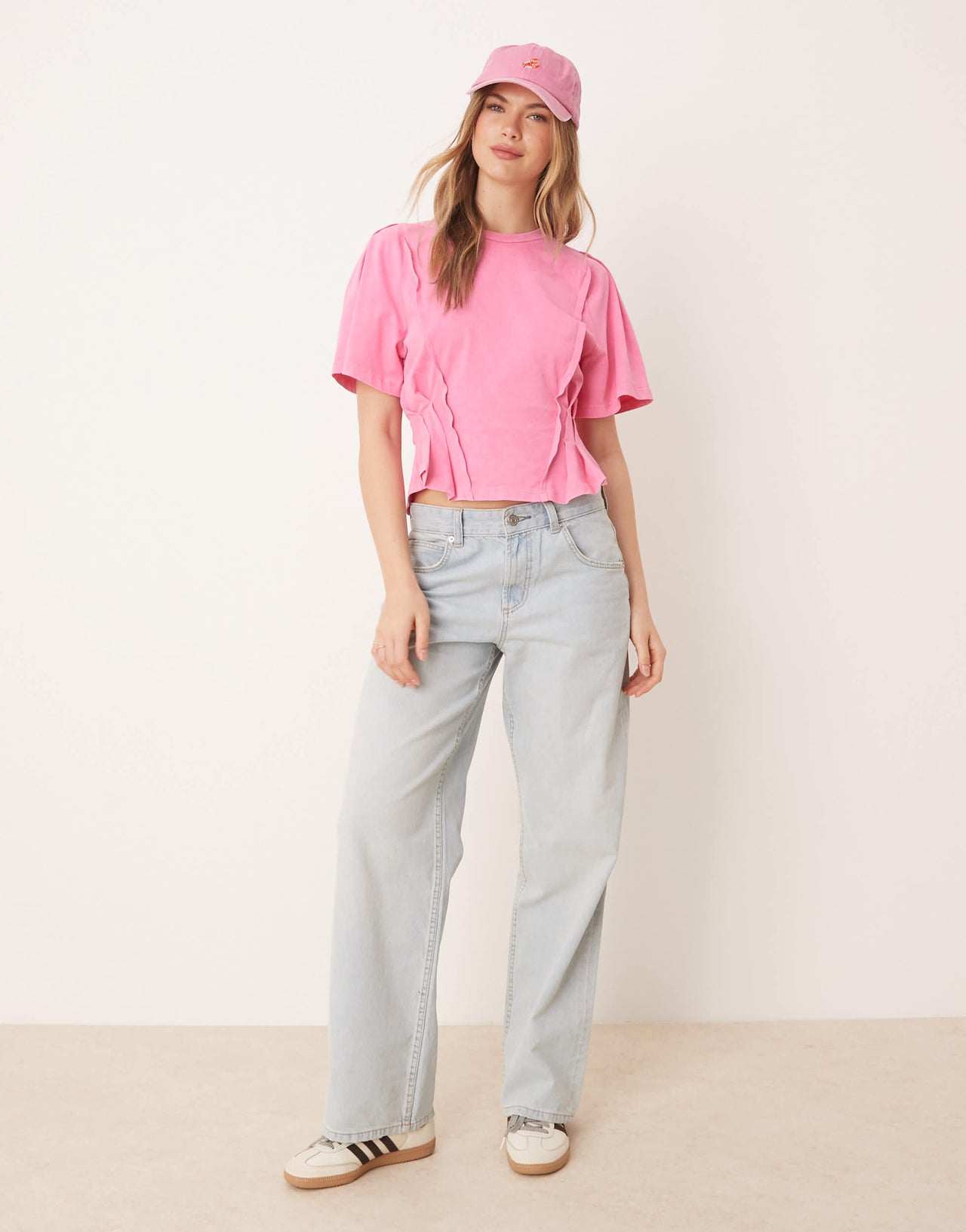 ASOS DESIGN seam detail short sleeve corset waist t-shirt in washed pink