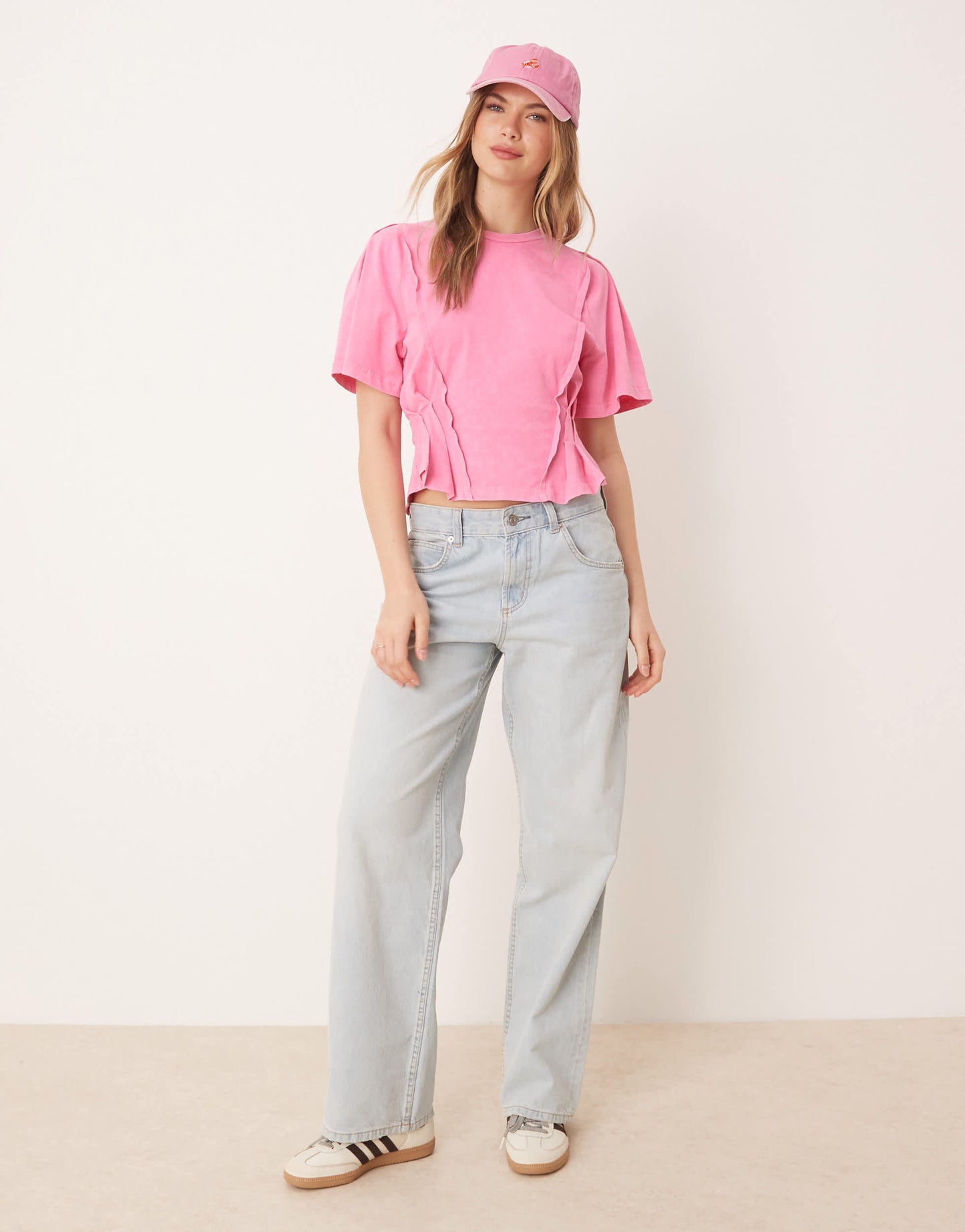 ASOS DESIGN seam detail short sleeve corset waist t-shirt in washed pink