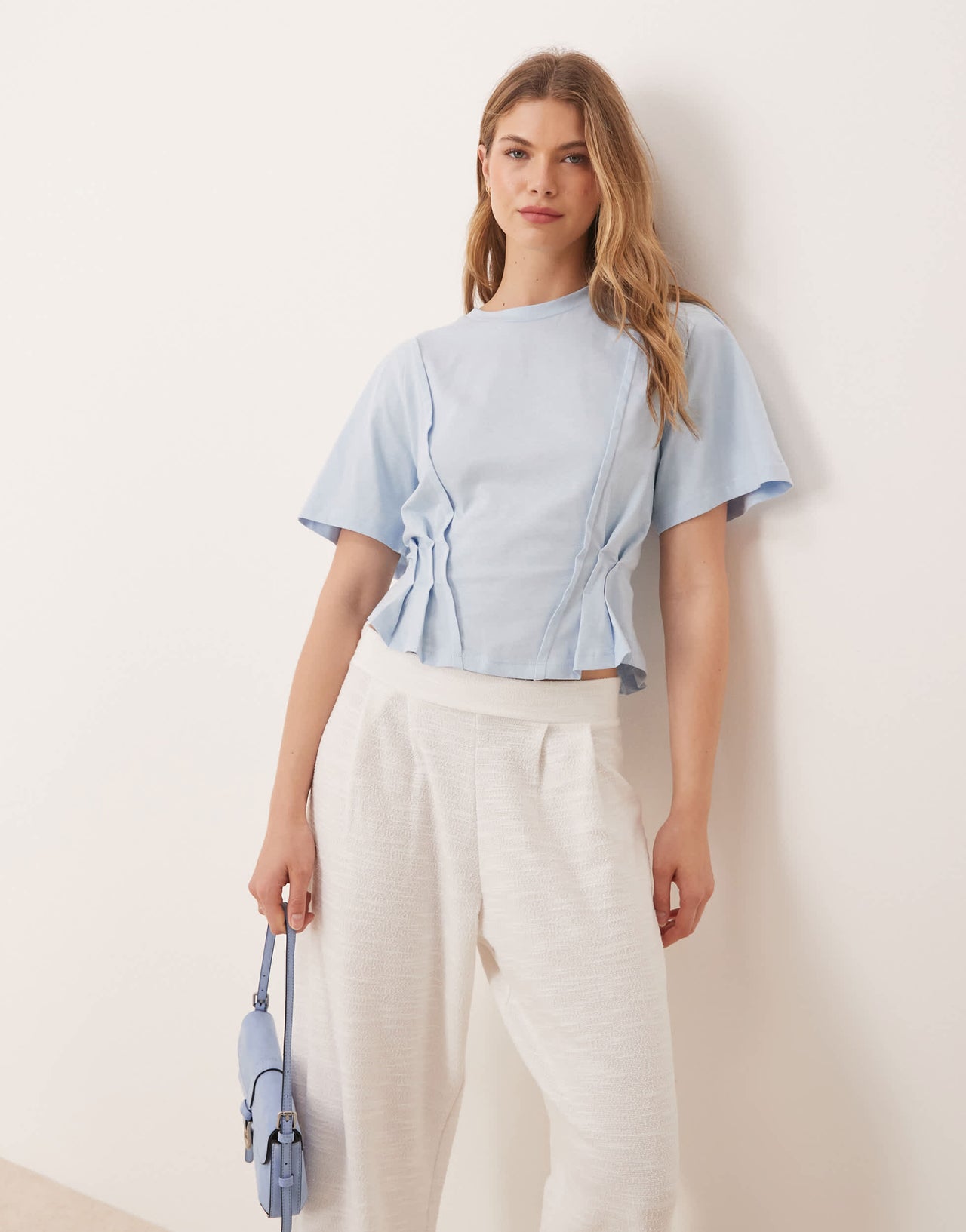 ASOS DESIGN seam detail short sleeve corset waist t-shirt in baby blue
