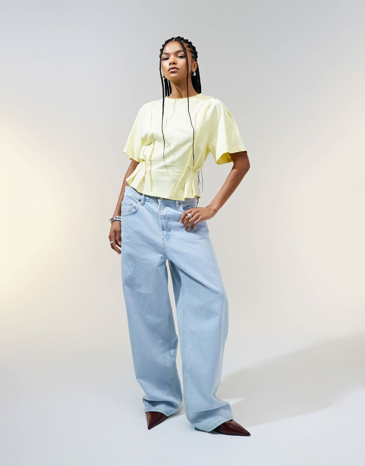 ASOS DESIGN seam detail short sleeve corset waist t-shirt in buttermilk