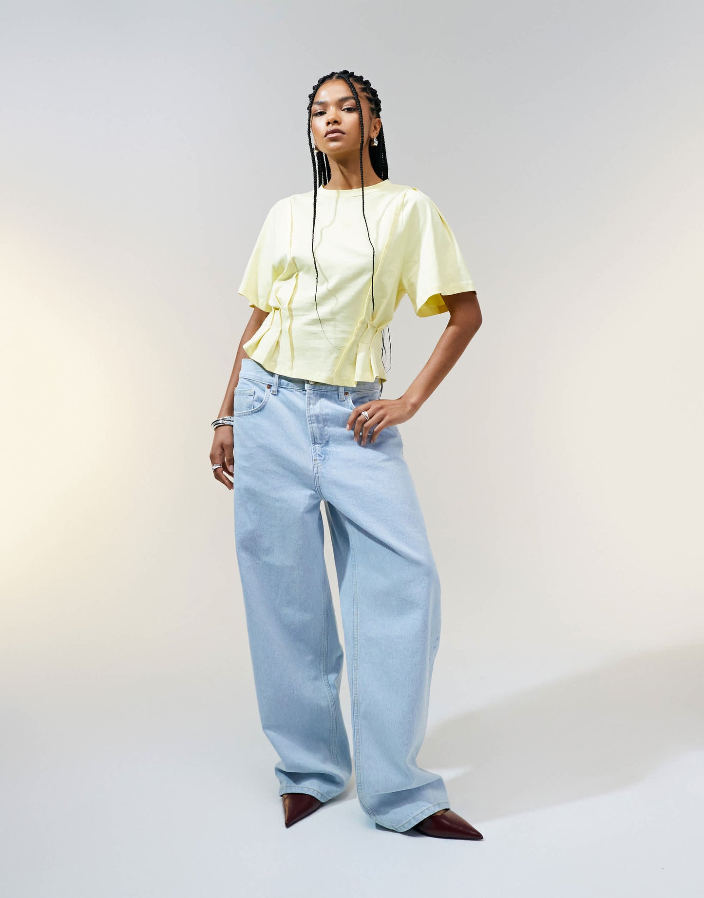 ASOS DESIGN seam detail short sleeve corset waist t-shirt in buttermilk