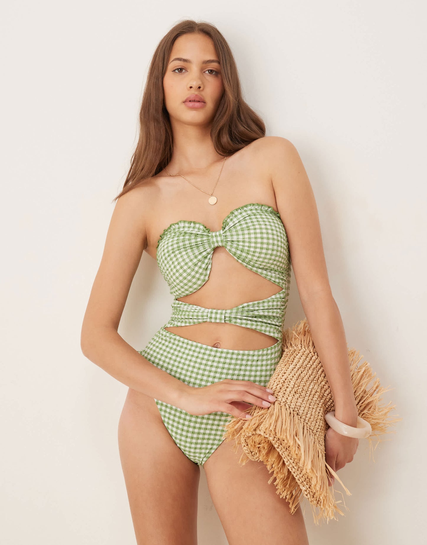 ASOS DESIGN Dorothy cut out bandeau swimsuit green gingham