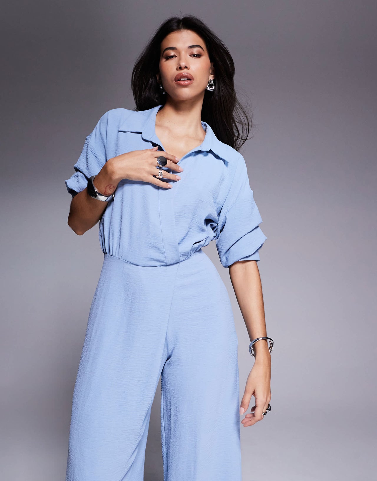 ASOS DESIGN draped collared wide leg jumpsuit in blue
