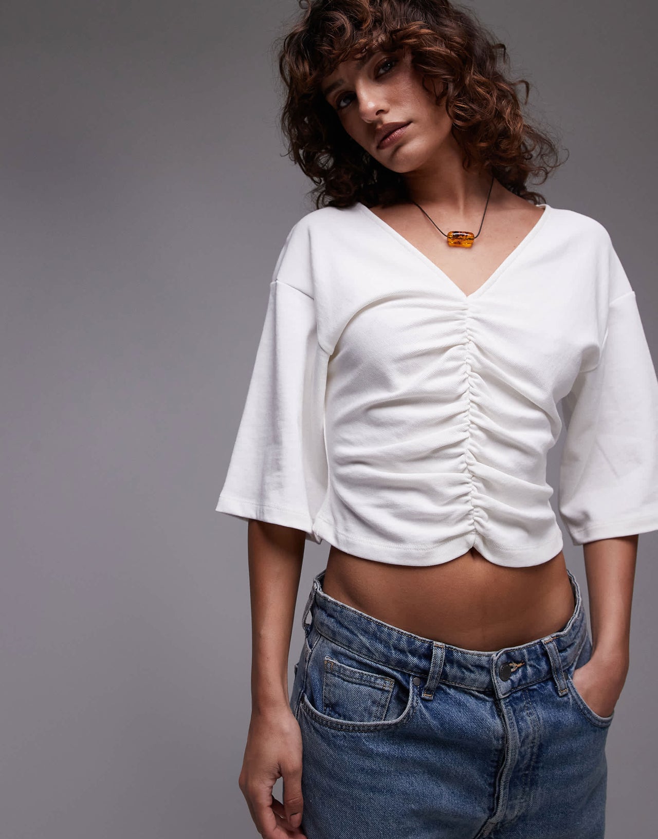 Topshop ruched v-neck short sleeve top in ivory