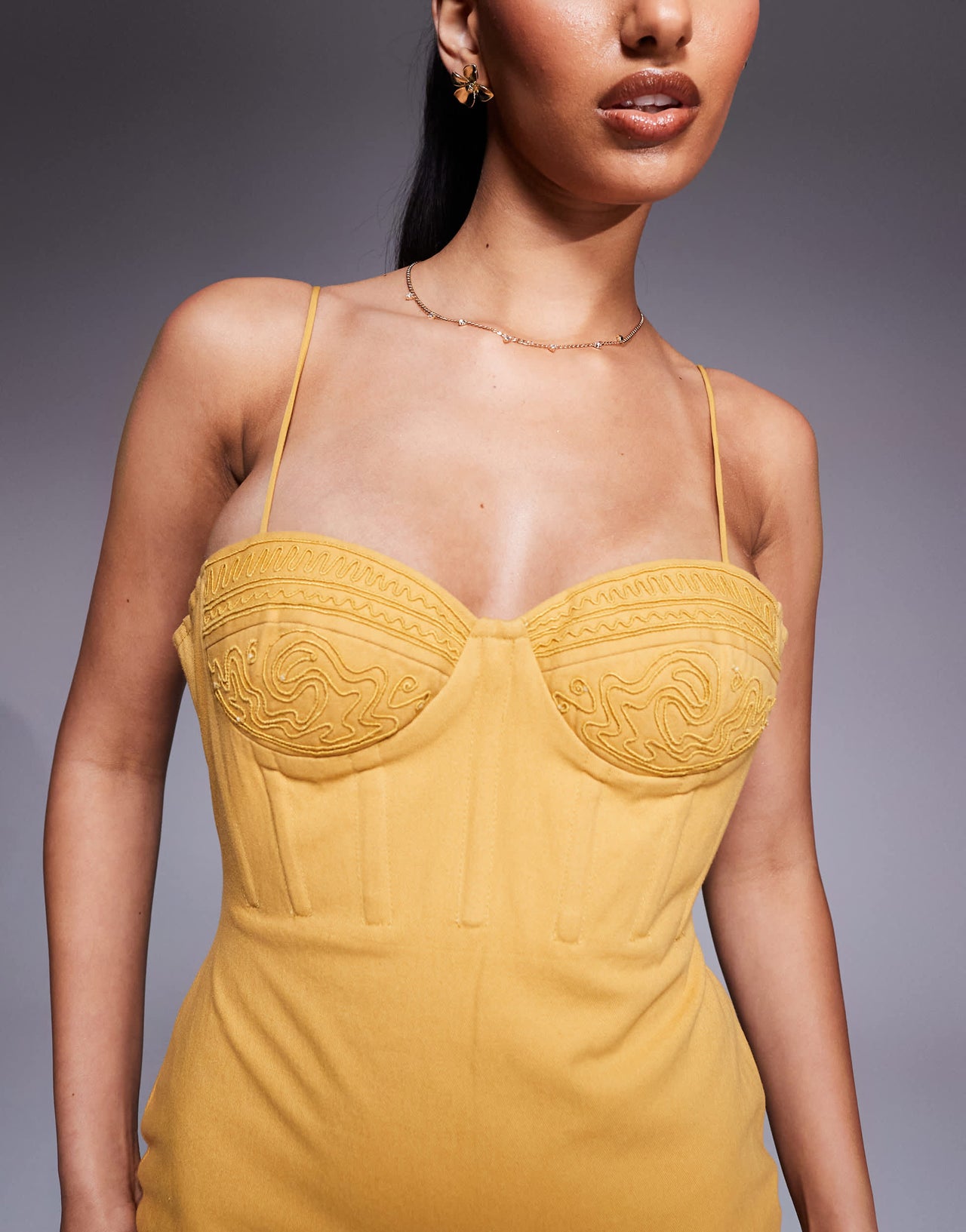ASOS DESIGN cotton twill corset midi with embroidered bust detail in mustard