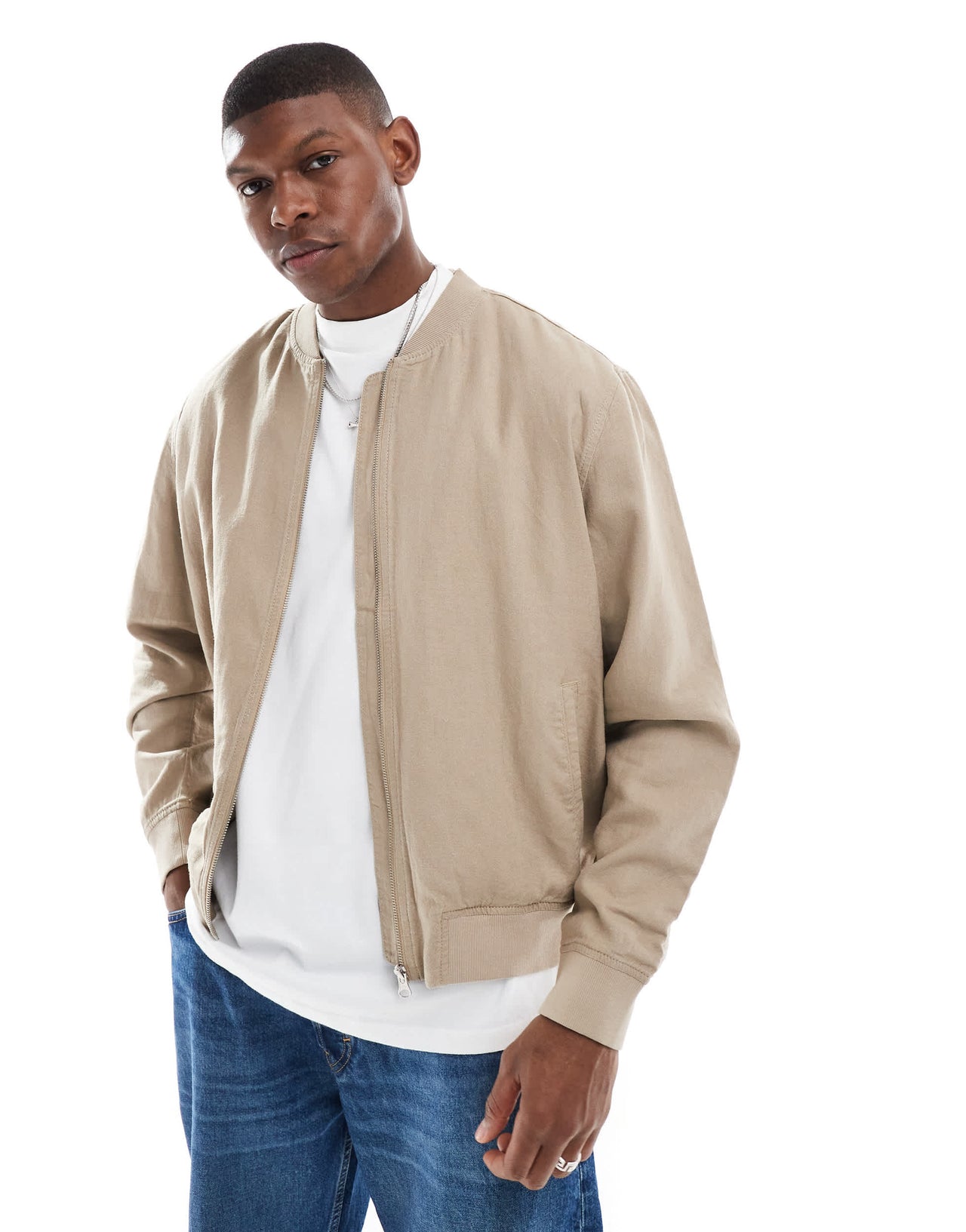 New Look linen blend bomber jacket in beige