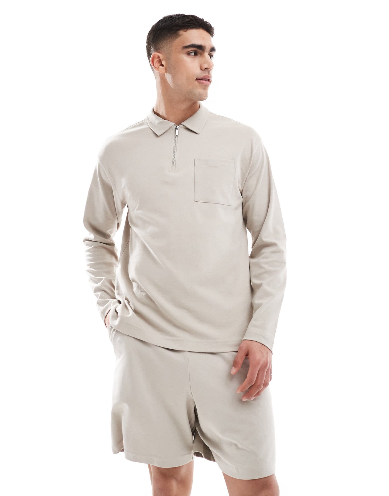 New Look long sleeve zip polo co-ord in stone