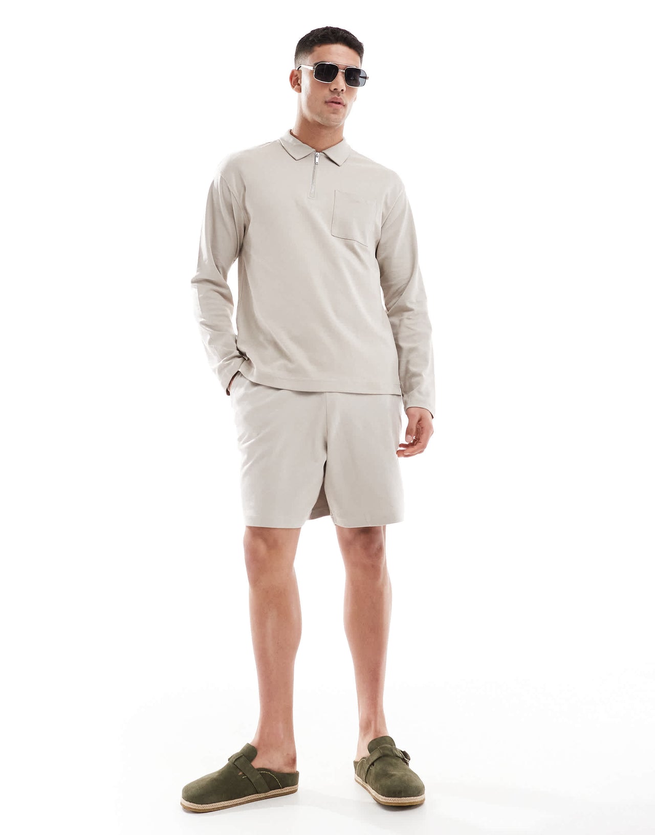New Look long sleeve zip polo co-ord in stone