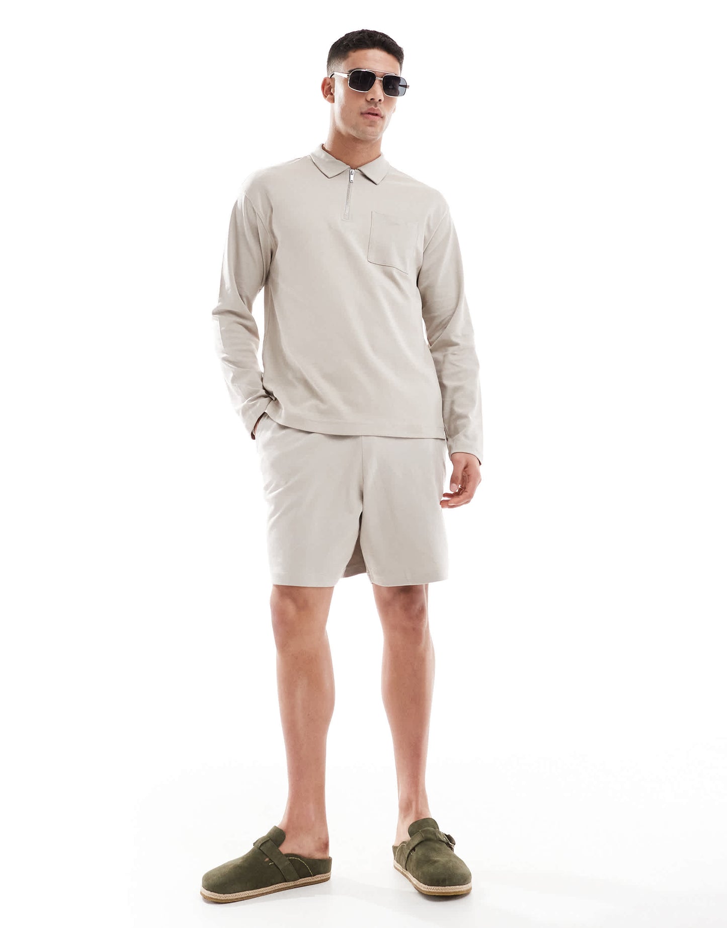 New Look long sleeve zip polo co-ord in stone