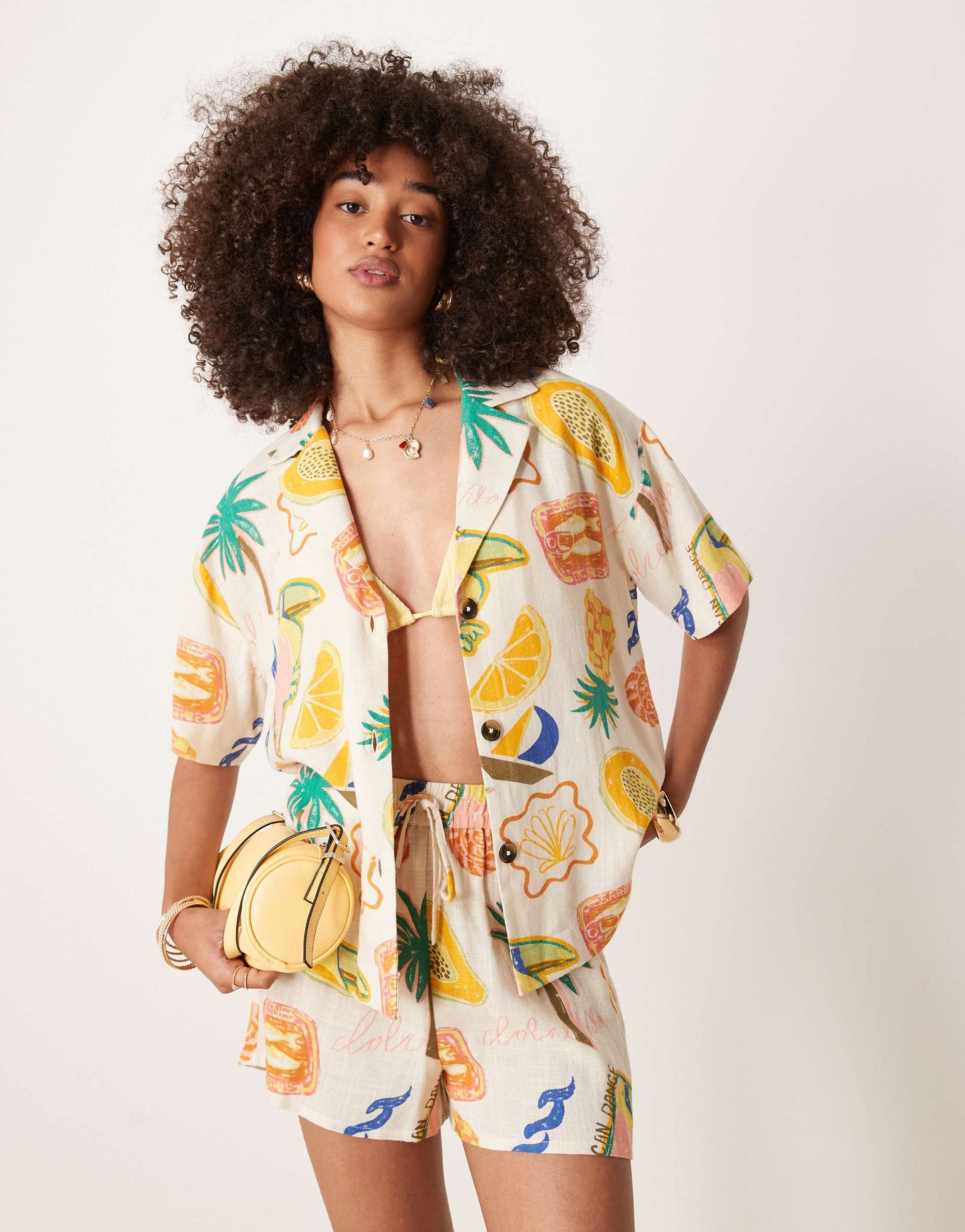ASOS DESIGN linen blend short sleeve co-ord shirt in tropical print