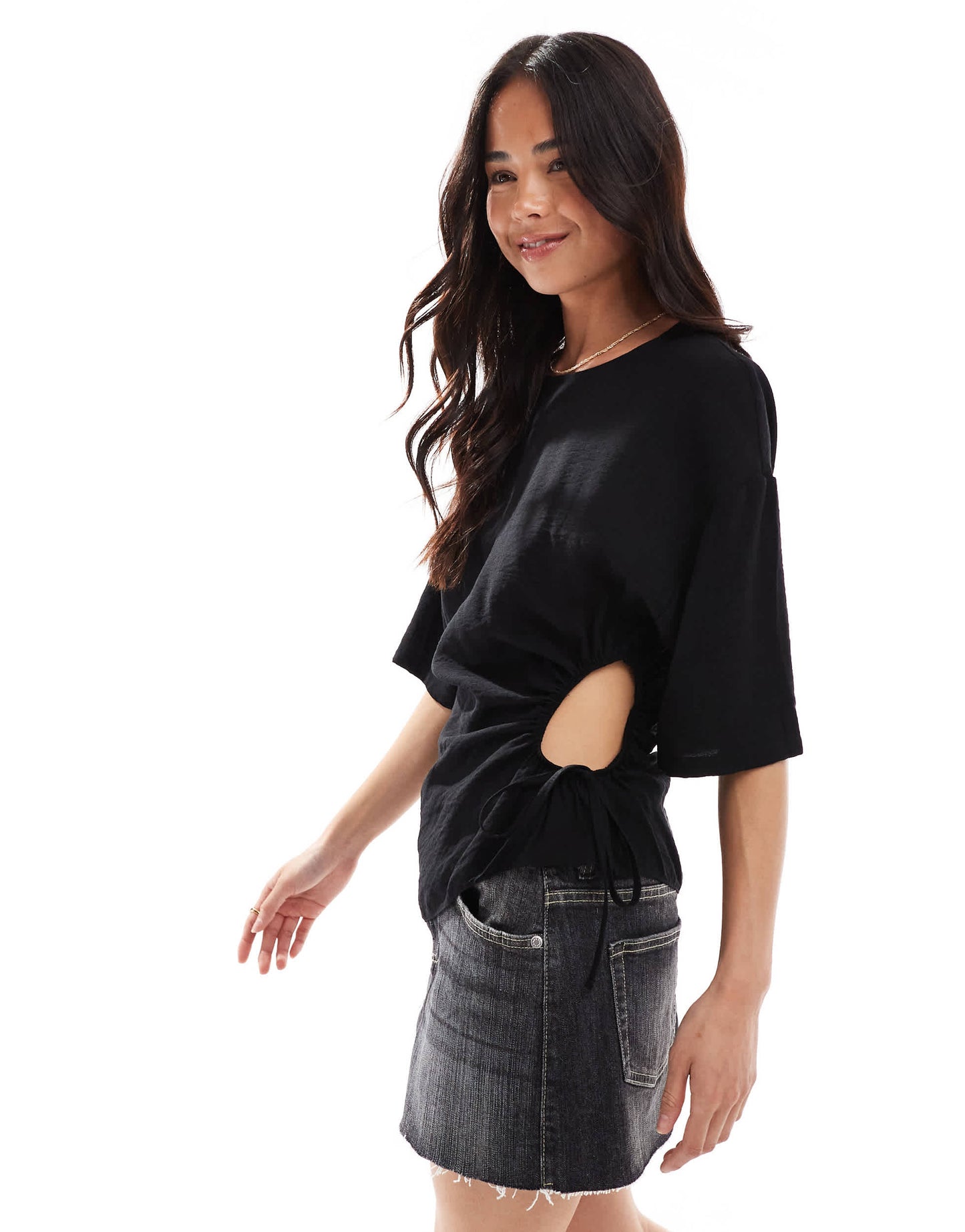 ASOS DESIGN asymmetric top with cut out side detail in black