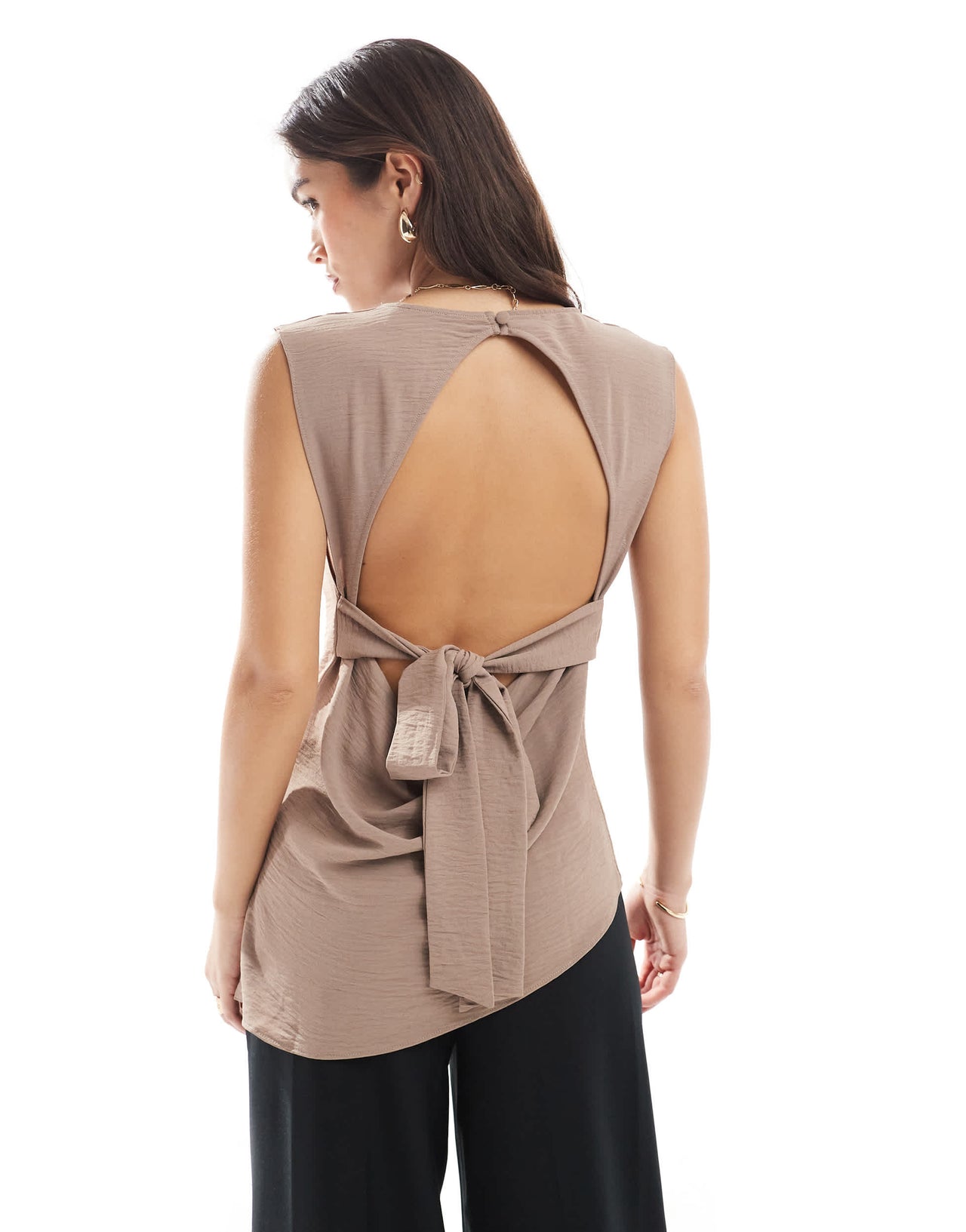 ASOS DESIGN drape cowl neck top with open tie back detail in mushroom