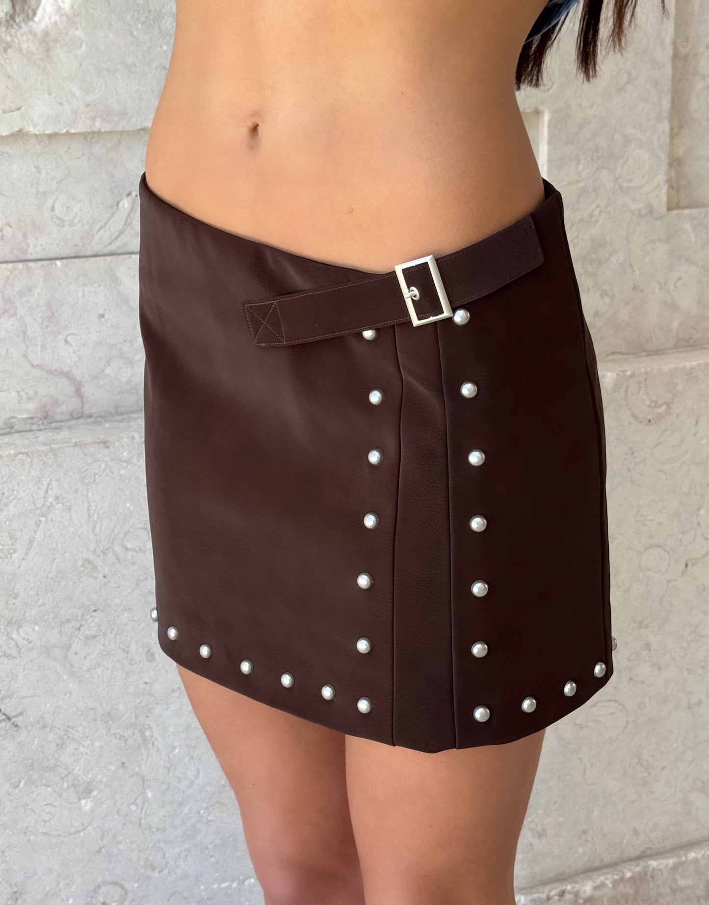 Labelrail x Barbara Ines studded faux leather wrap skirt in brown