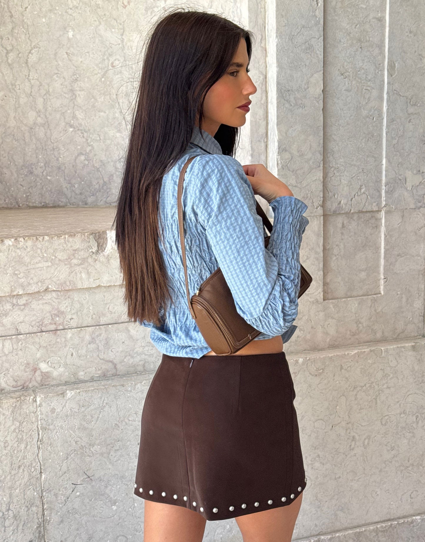 Labelrail x Barbara Ines studded faux leather wrap skirt in brown
