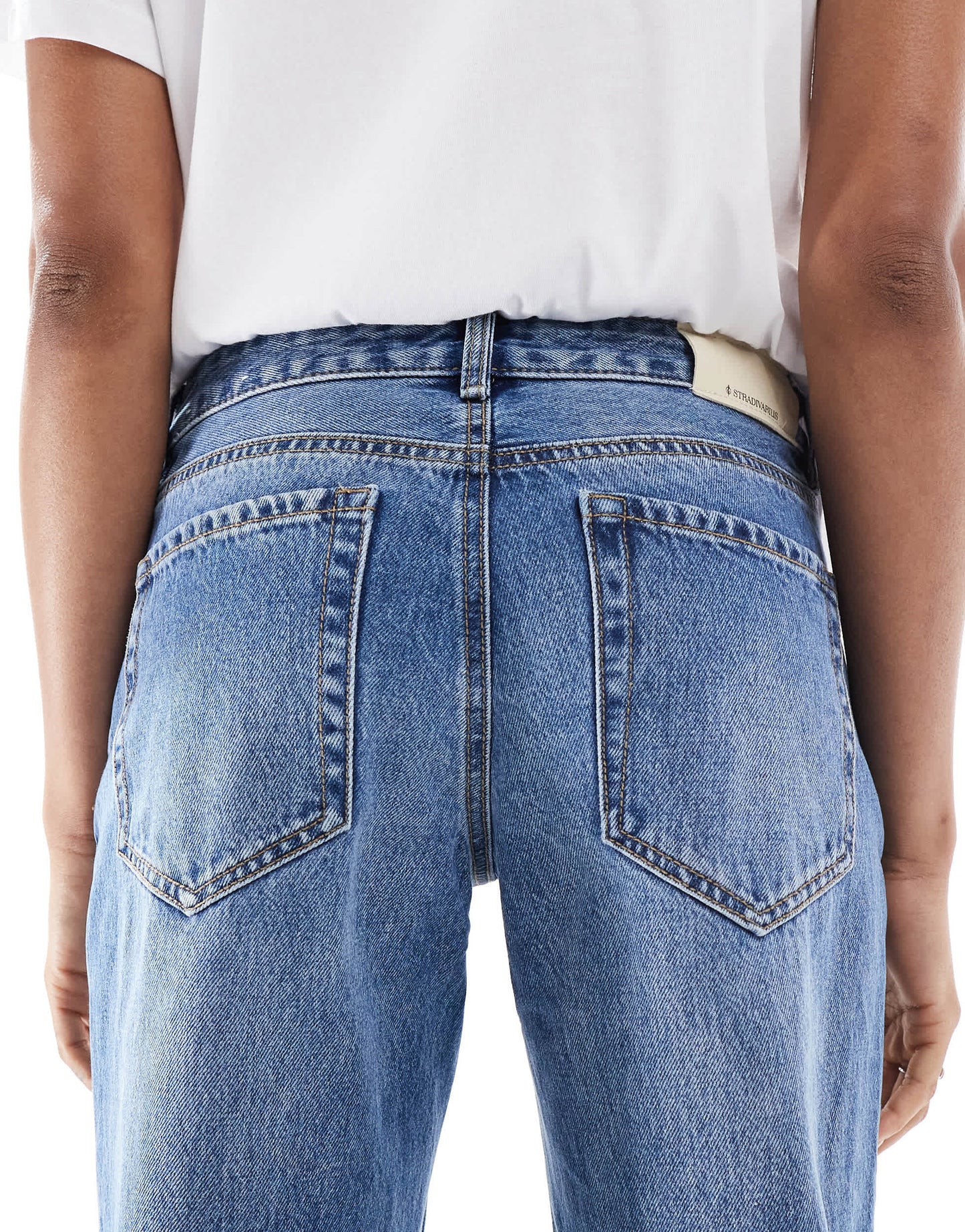 Stradivarius Tall D03 low waisted straight leg jean in mid blue wash